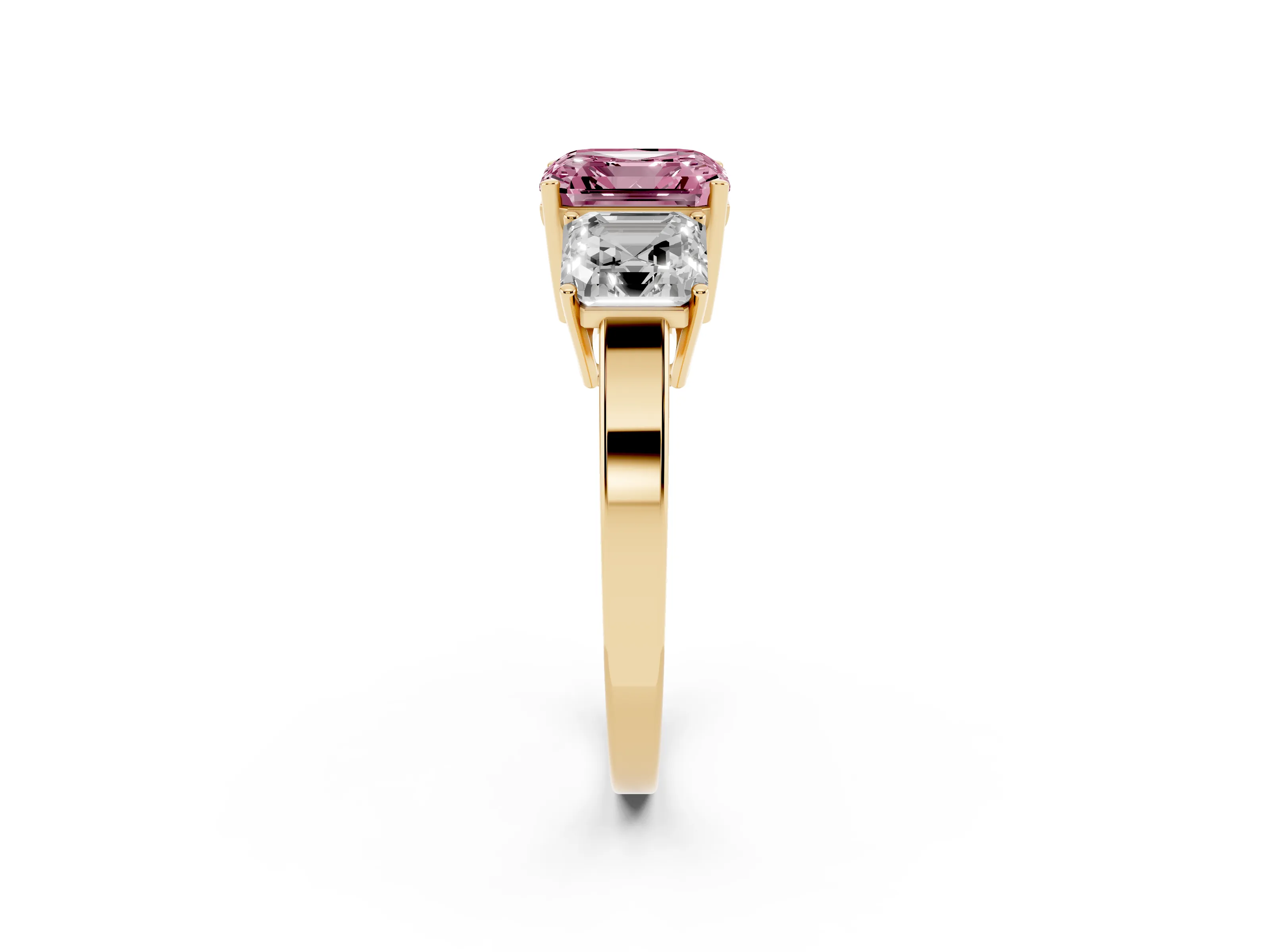 Fancy Pink Asscher Cut Diamond Three-Stone Engagement Ring Set in Yellow gold with Flat Band