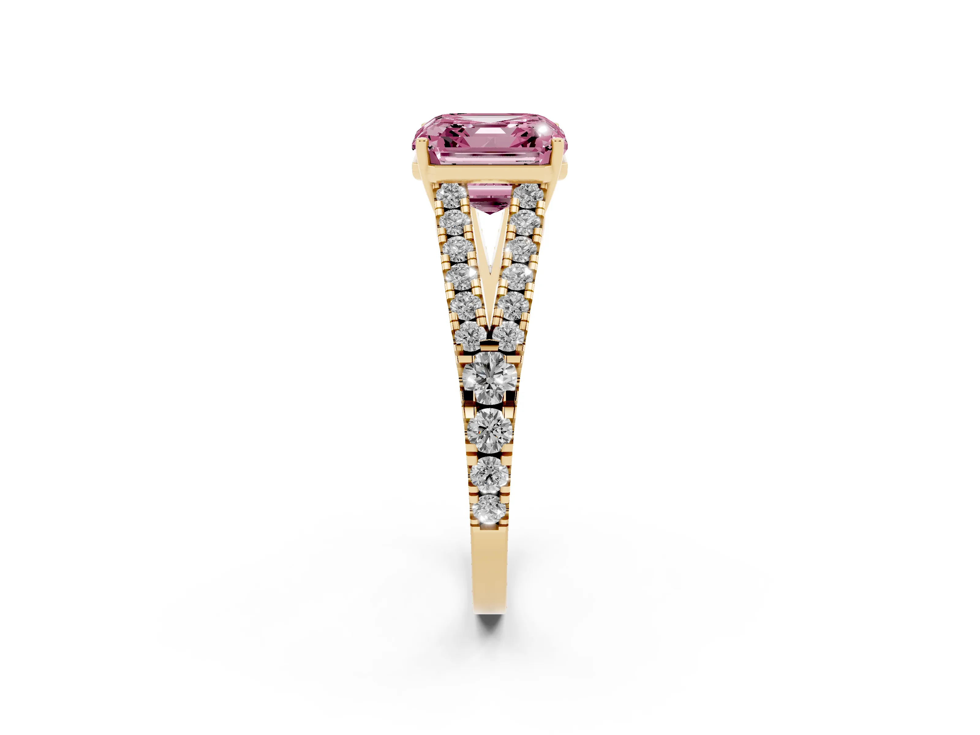 Fancy Pink Asscher Cut Diamond Split Shank Engagement Ring Set in Yellow gold with Round Pavé and Prong Setting