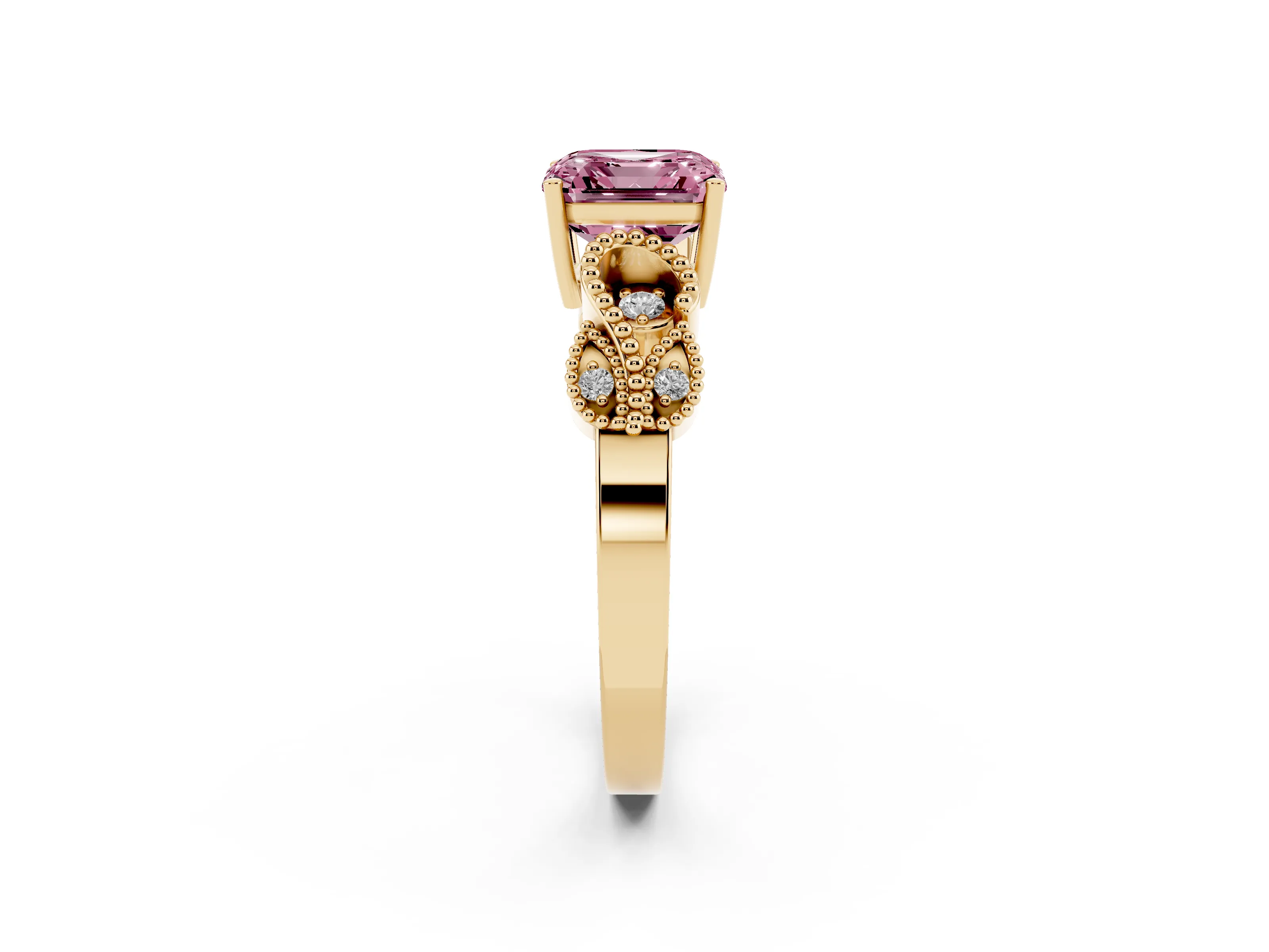 Fancy Pink Asscher Cut Diamond Milgrain Leaf Band Solitaire Ring Set in Yellow gold with Accent Stones and Prong Setting