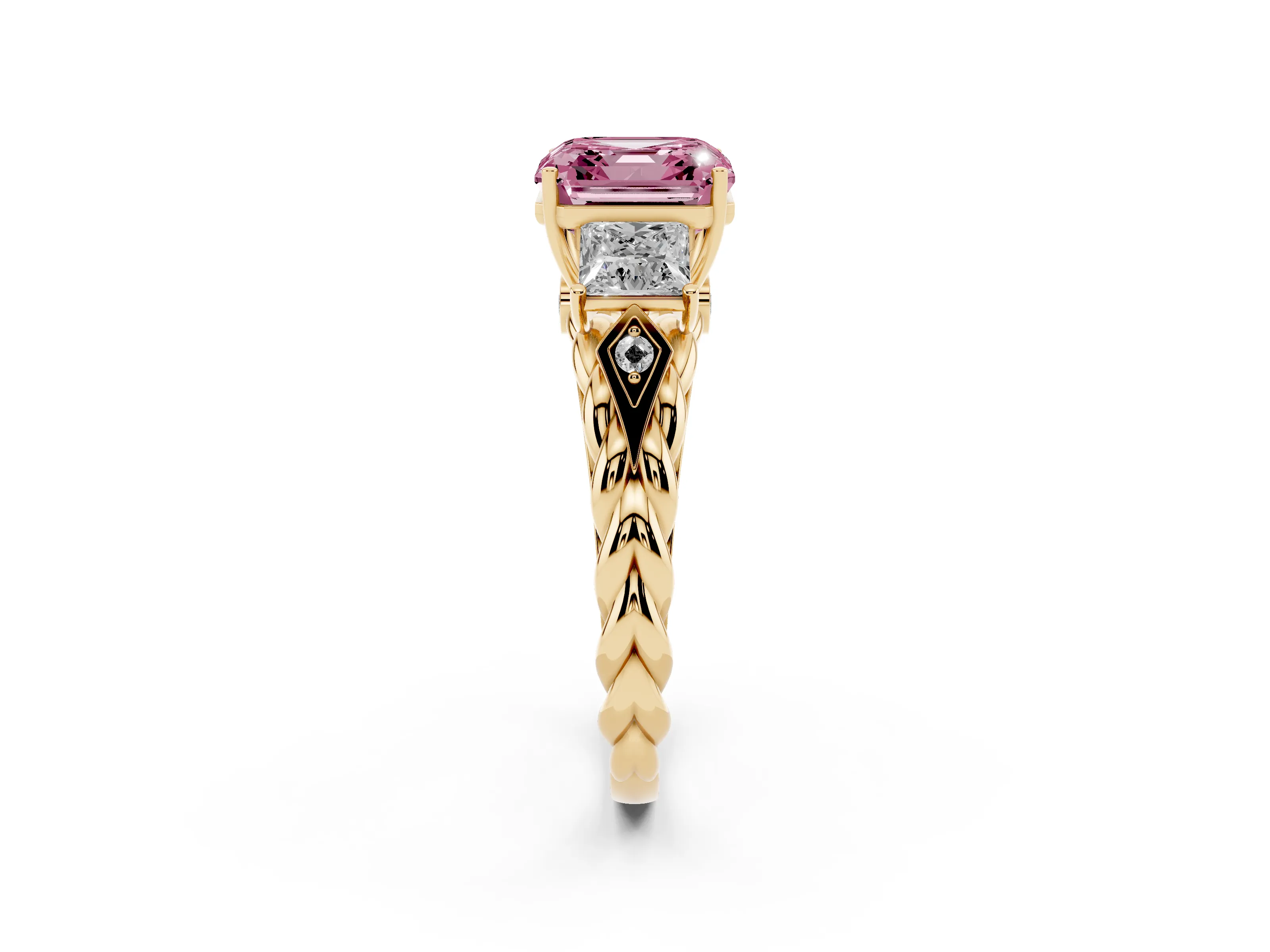 Fancy Pink Asscher Cut Diamond Three-Stone Ring Set in Yellow gold with Braided Band