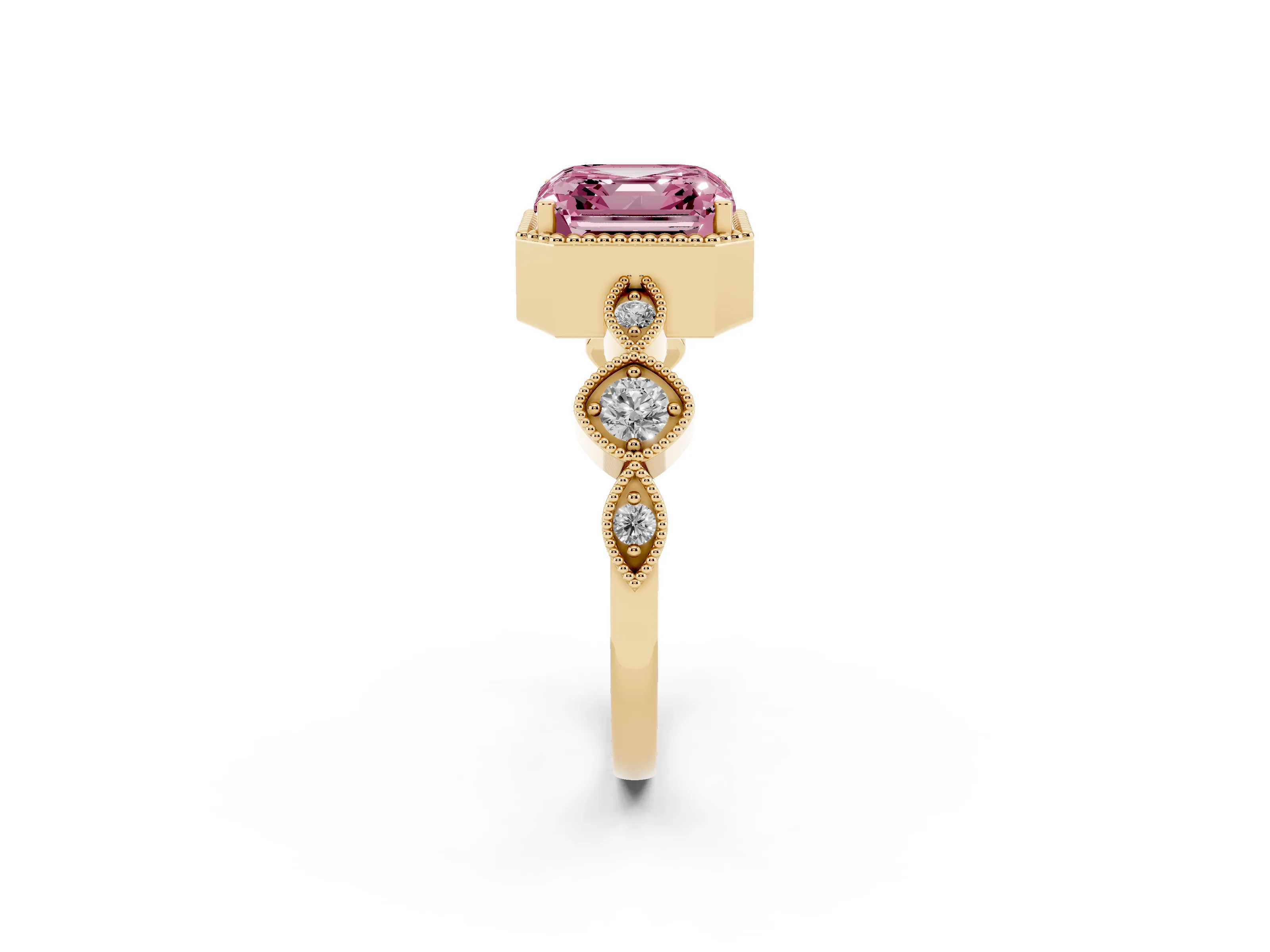Fancy Pink Asscher Cut Diamond Vintage-Inspired Milgrain Ring Set in Yellow gold with Marquise Stations of Round Accents