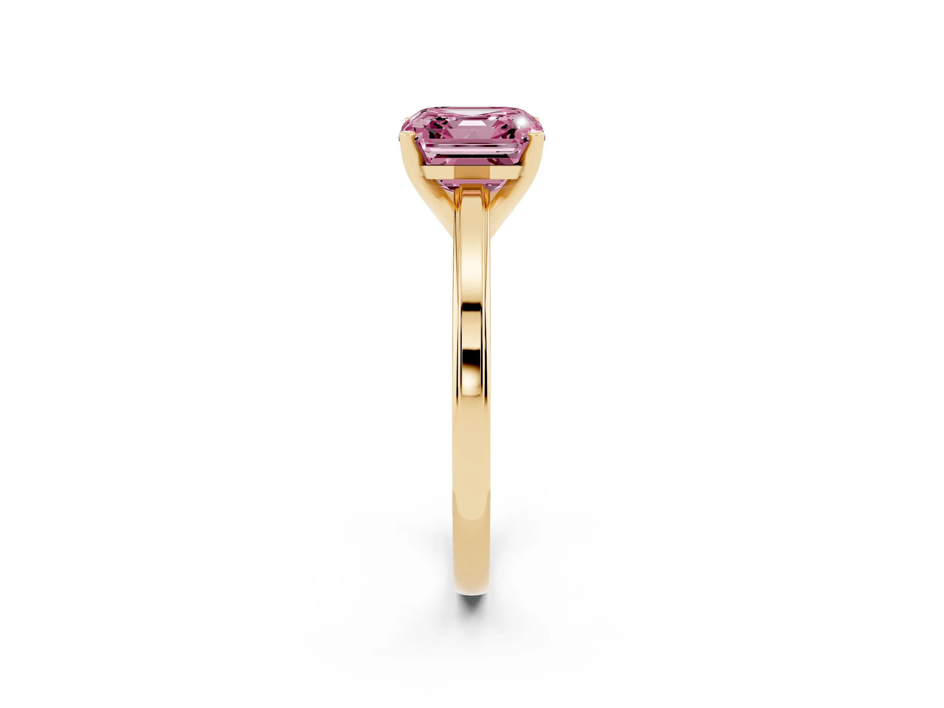 Fancy Pink Asscher Cut Diamond Solitaire Ring Set in Yellow gold with Prong Setting and Classic Band