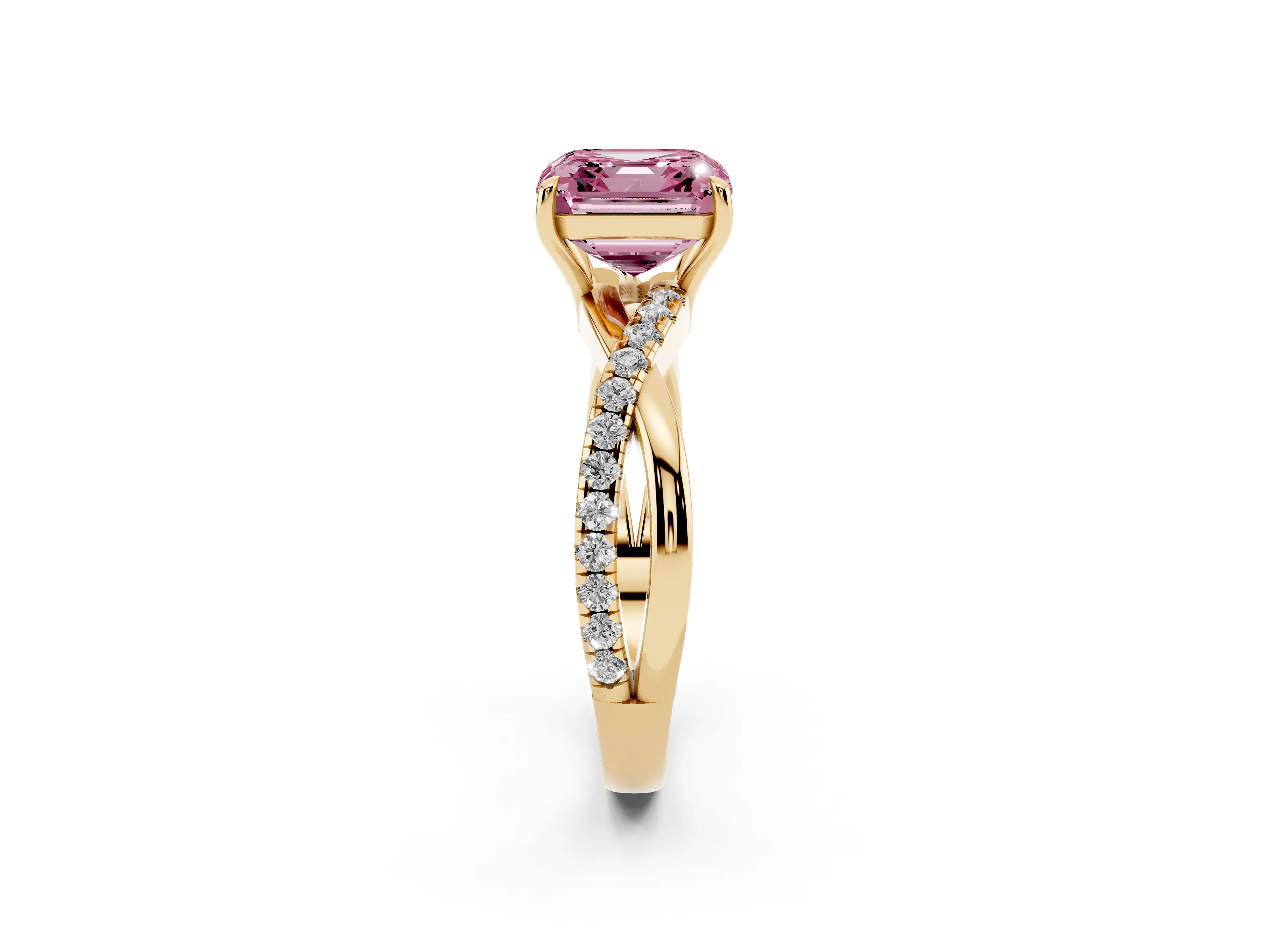 Fancy Pink Asscher Cut Diamond Twisted Pavé Band Ring Set in Yellow gold with Prong Setting