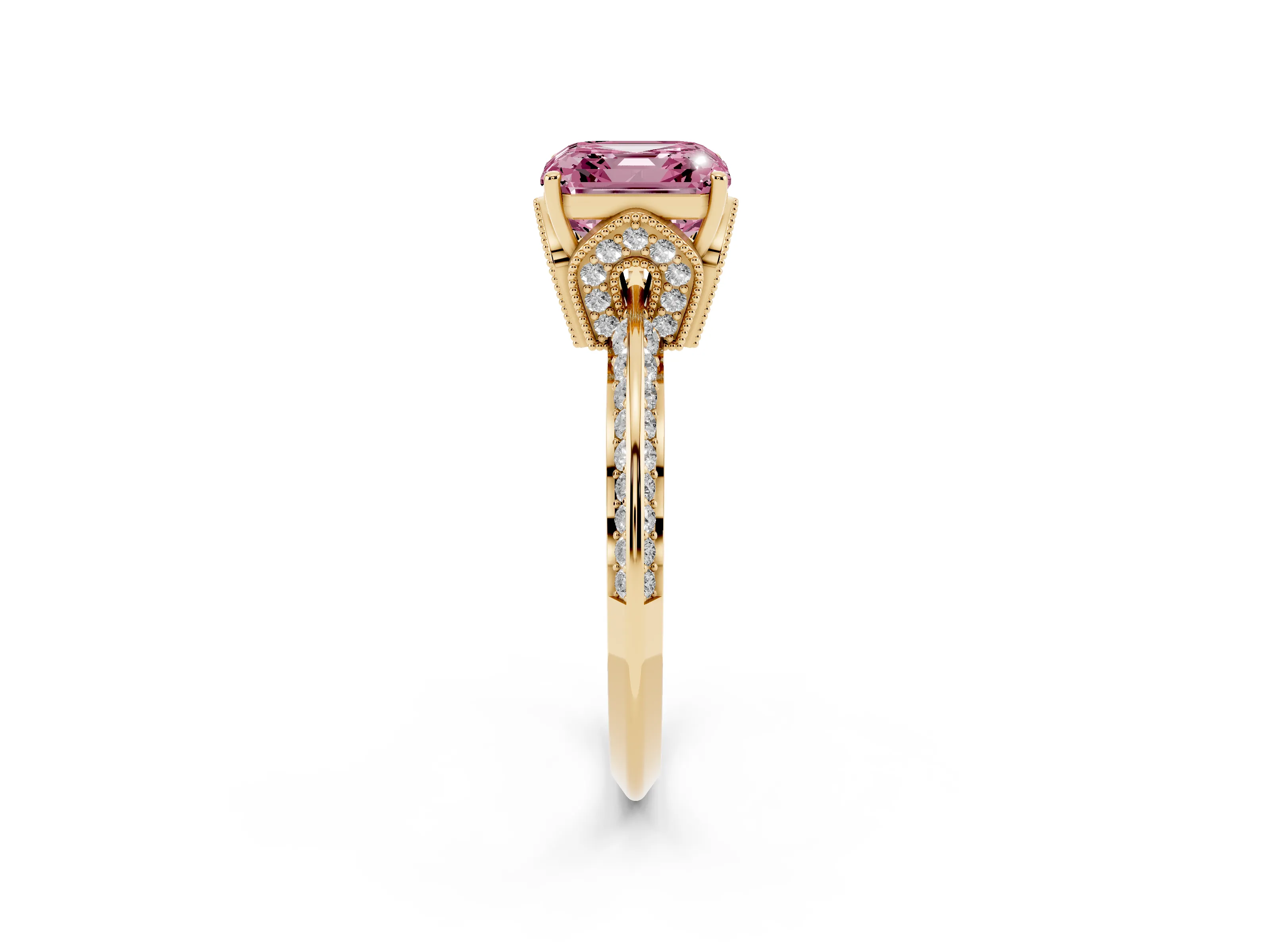 Fancy Pink Asscher Cut Diamond Solitaire Engagement Ring Set in Yellow gold with Pavé Split Shank and Prong Setting