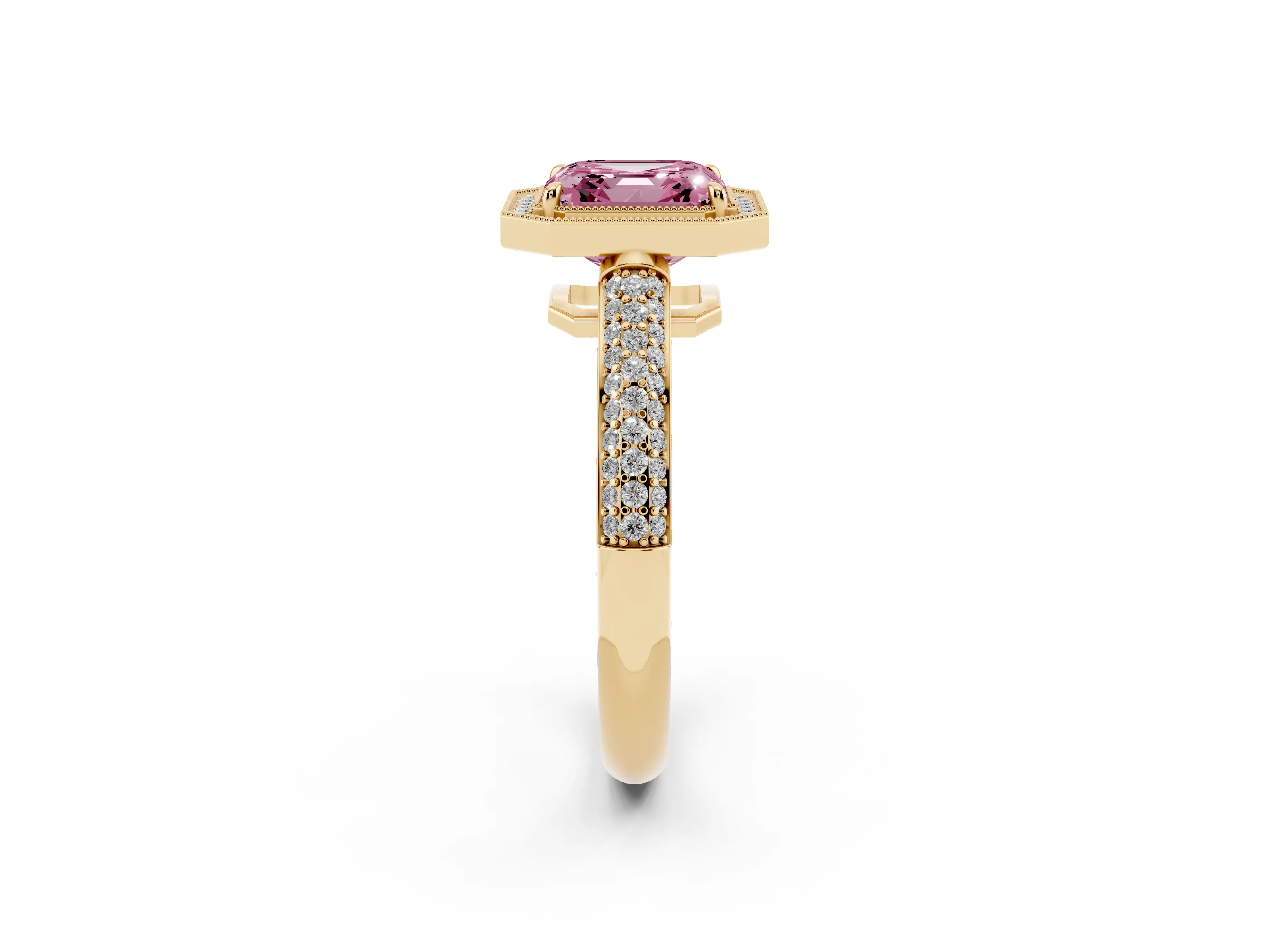Fancy Pink Asscher Cut Diamond Halo Pavé Band Set in Yellow gold with Prong Setting