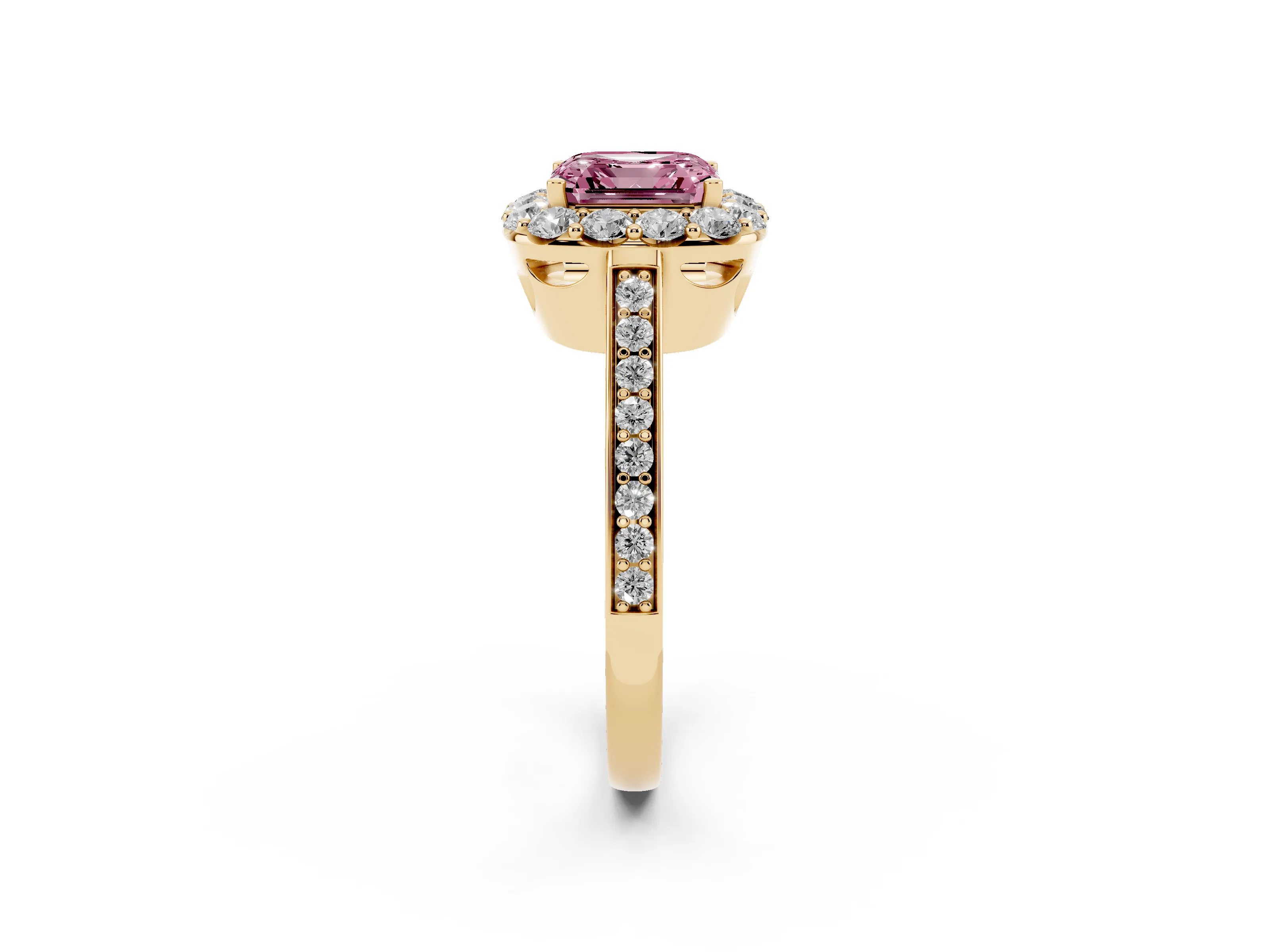Fancy Pink Asscher Cut Diamond Floral Halo Ring Set in Yellow gold with Pavé Band and Prong Setting
