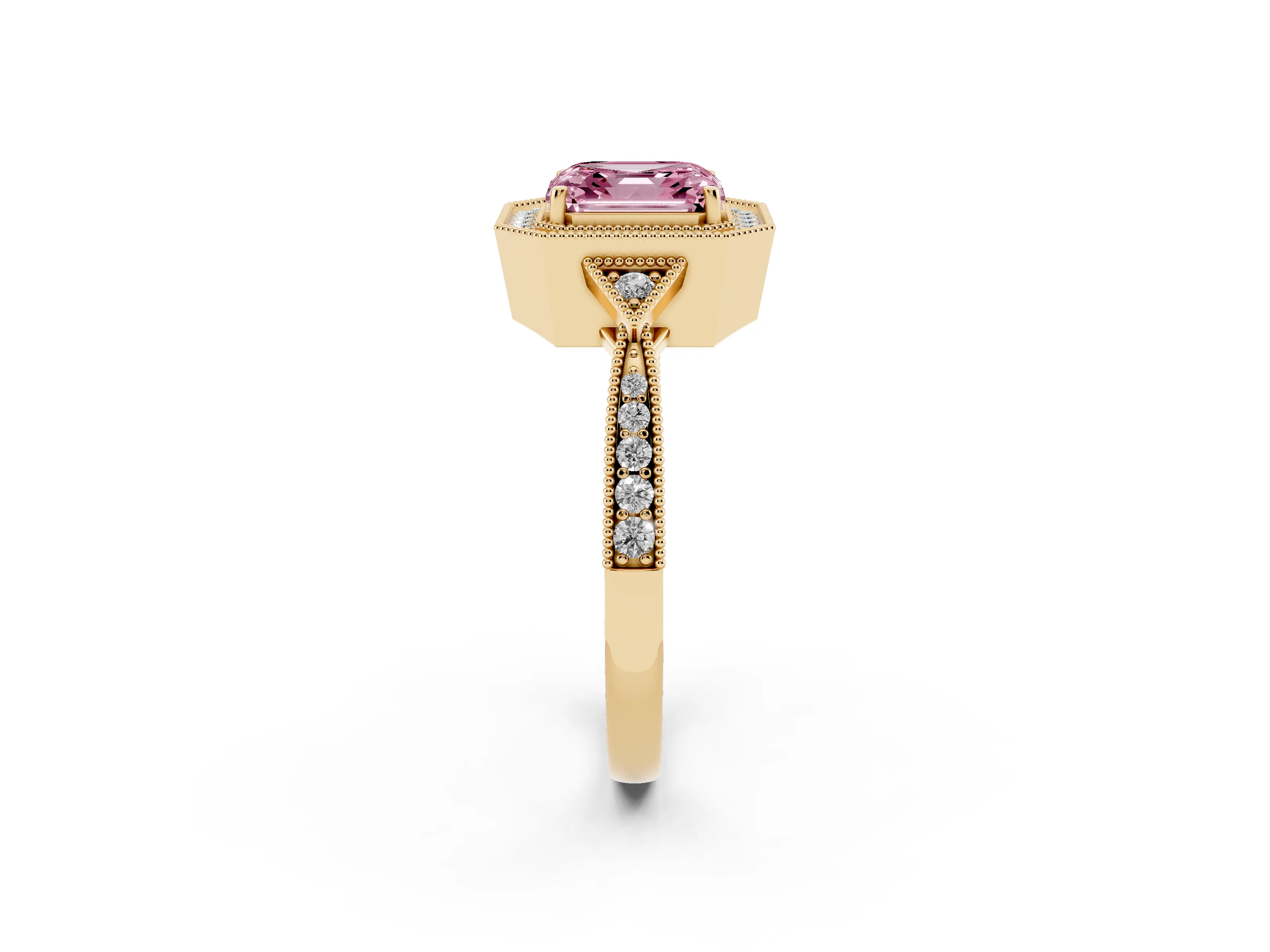 Fancy Pink Asscher Cut Diamond Halo Engagement Ring Set in Yellow gold with Milgrain Pavé Band