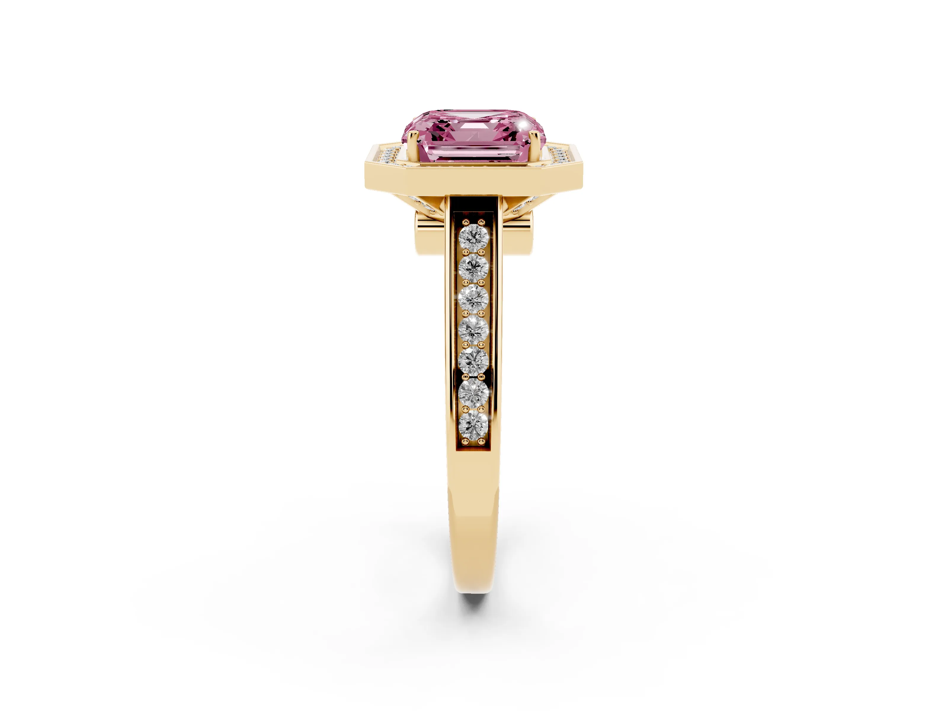 Fancy Pink Asscher Cut Diamond Halo Solitaire Ring Set in Yellow gold with Pavé Band and Bezel Setting