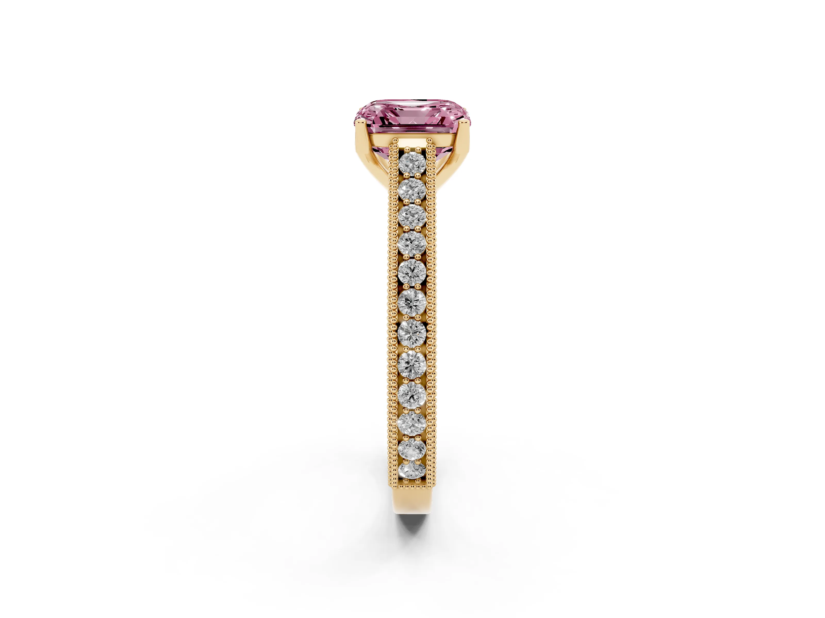 Fancy Pink Asscher Cut Diamond Milgrain Pavé Band Solitaire Ring Set in Yellow gold with Prong Setting