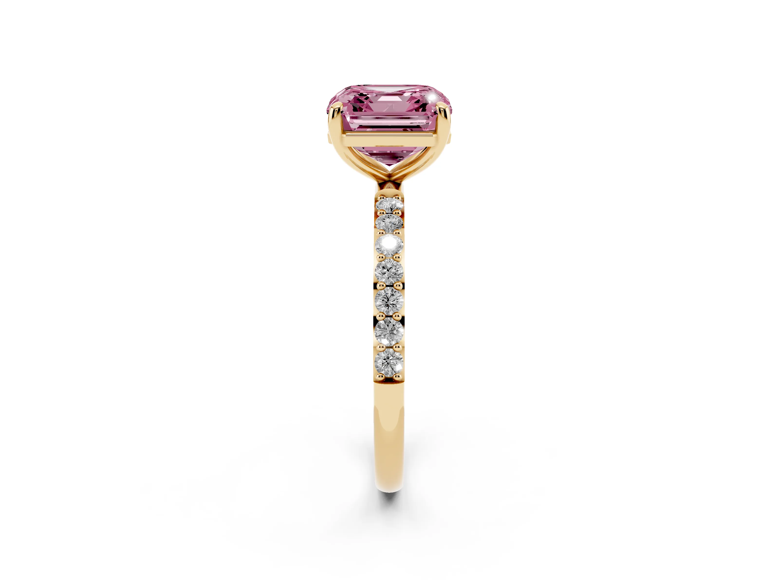 Fancy Pink Asscher Cut Diamond Solitaire Ring Set in Yellow gold with Round Pavé Band and Prong Setting