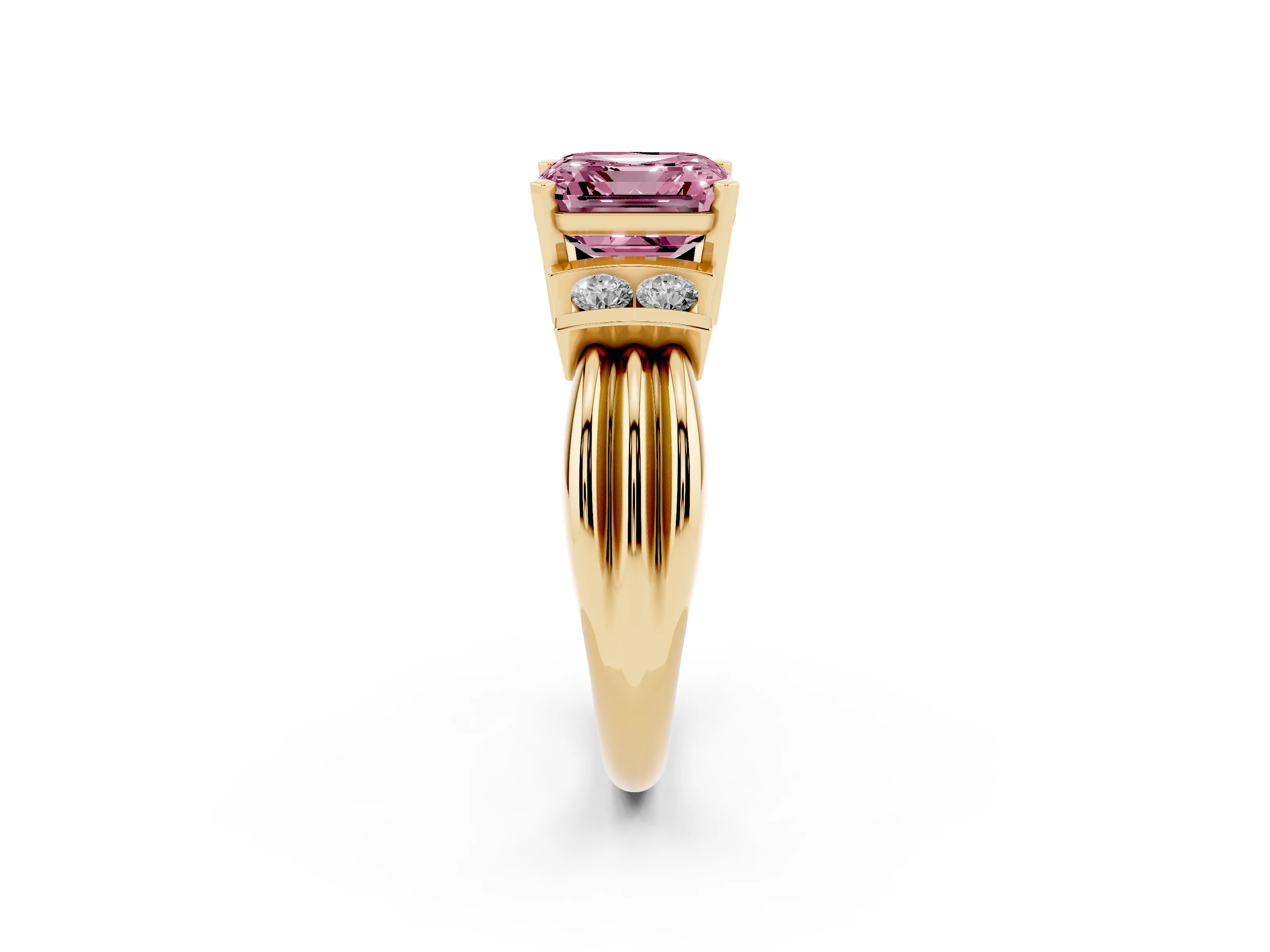 Fancy Pink Three-Stone Asscher Cut Diamond Channel Set Ring Set in Yellow gold with Bar Prongs