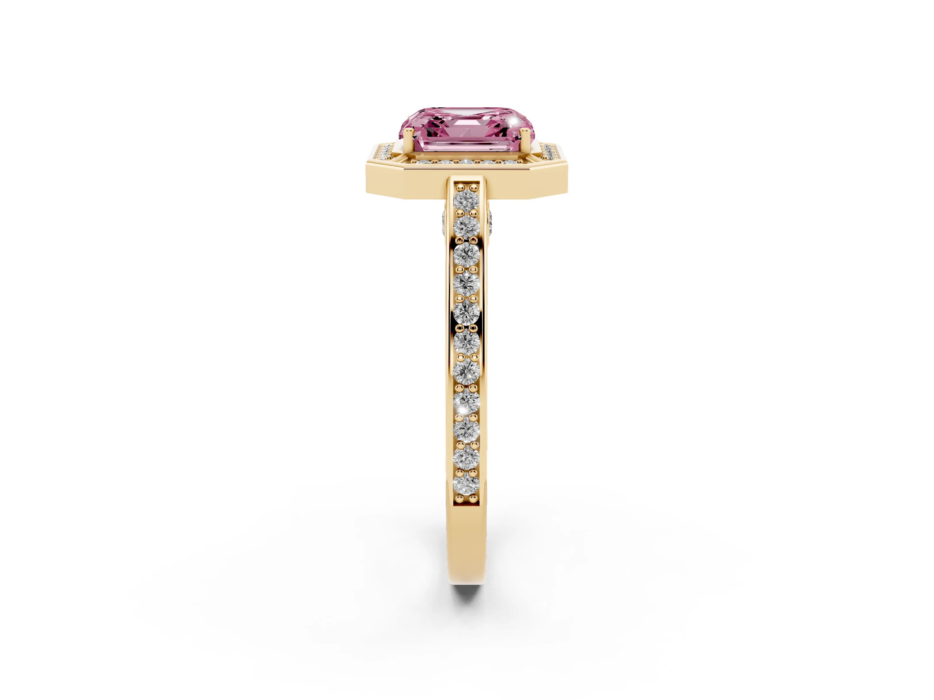 Fancy Pink Asscher Cut Diamond Halo Pavé Split Shank Ring Set in Yellow gold with Prong Setting