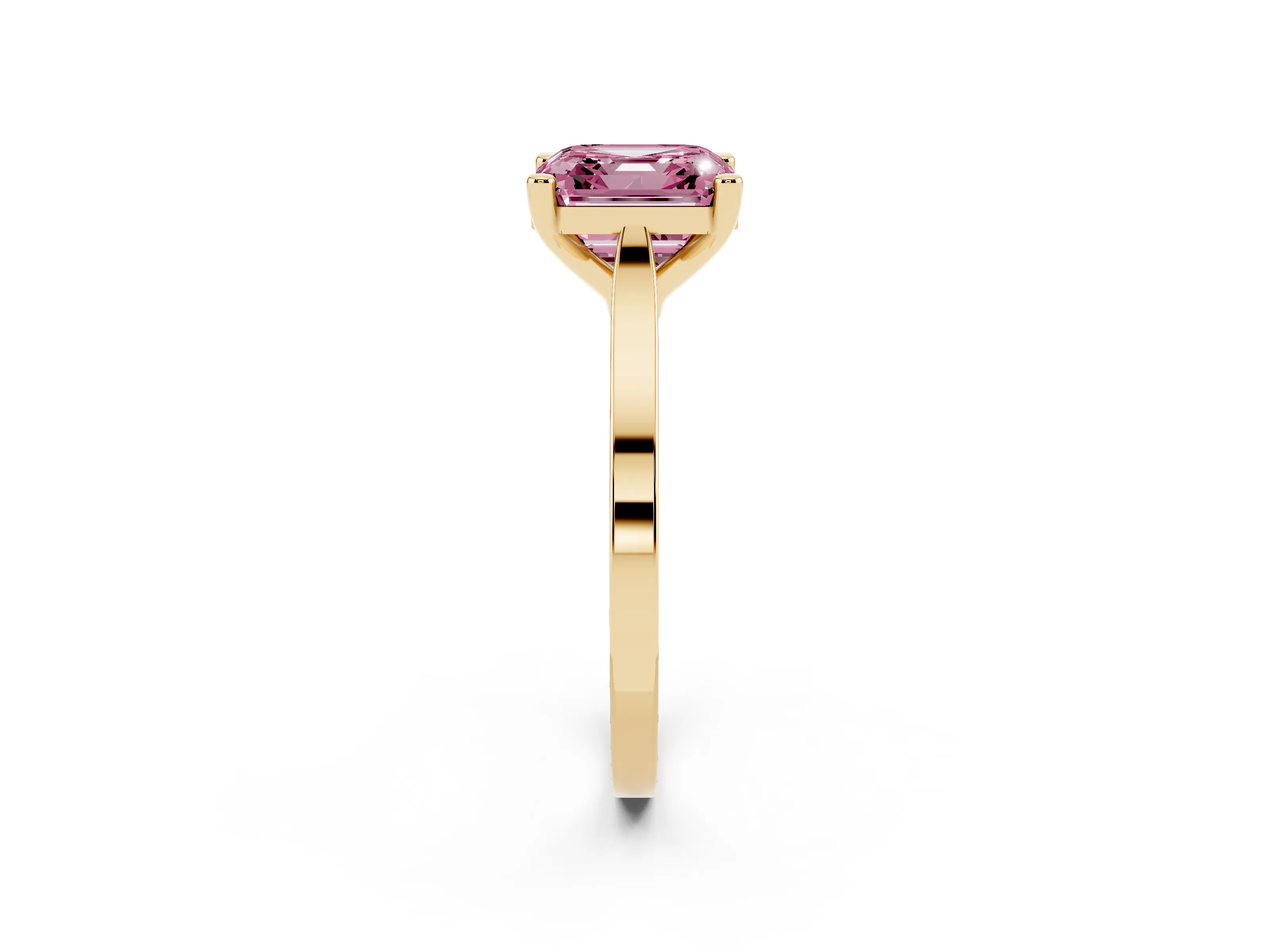 Fancy Pink Asscher Cut Diamond Solitaire Ring Set in Yellow gold with Prong Setting and Tapered Band