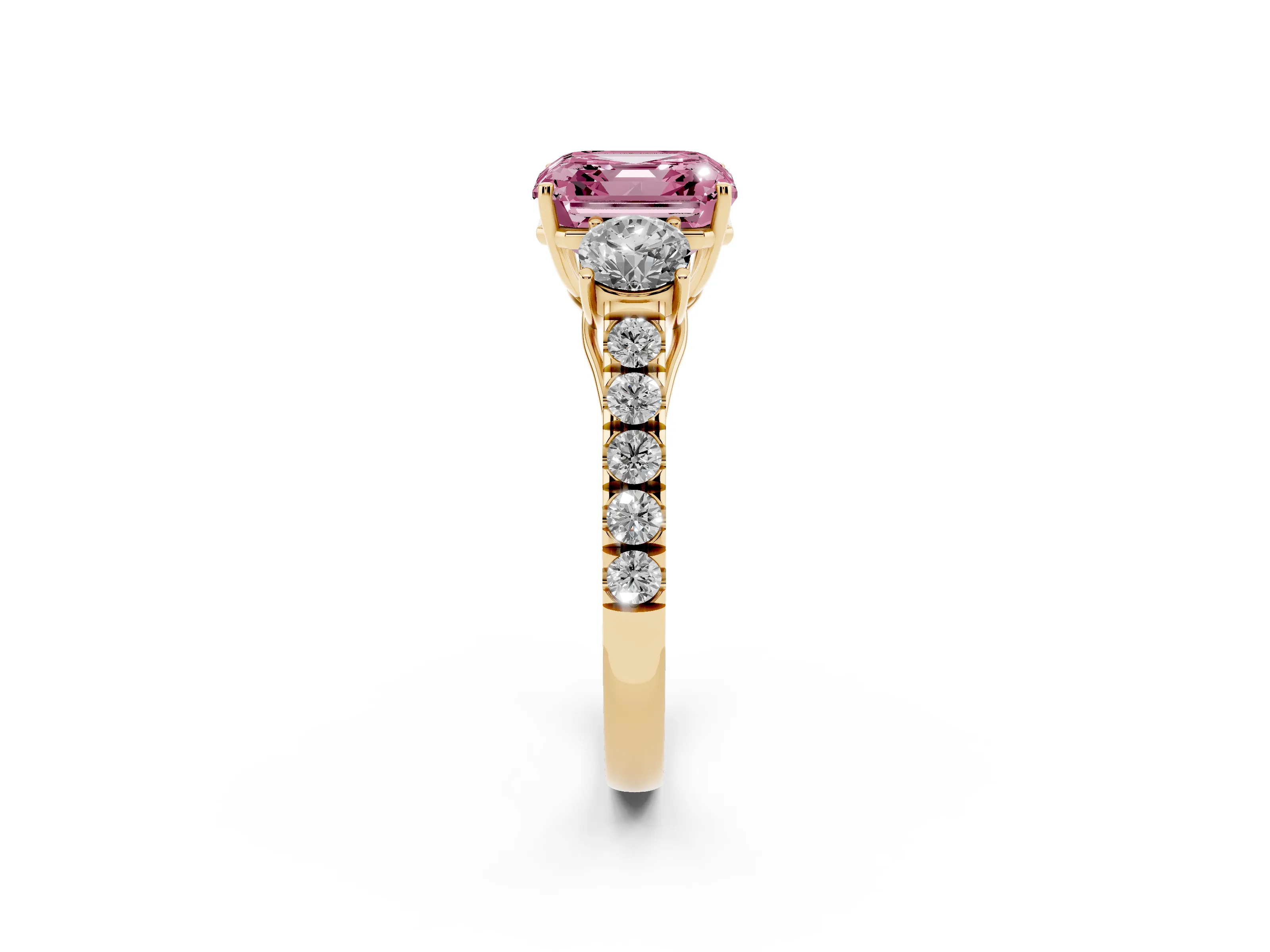 Fancy Pink Asscher Cut Diamond Three-Stone Ring Set in Yellow gold with Round Side Stones and Delicate Pavé Band