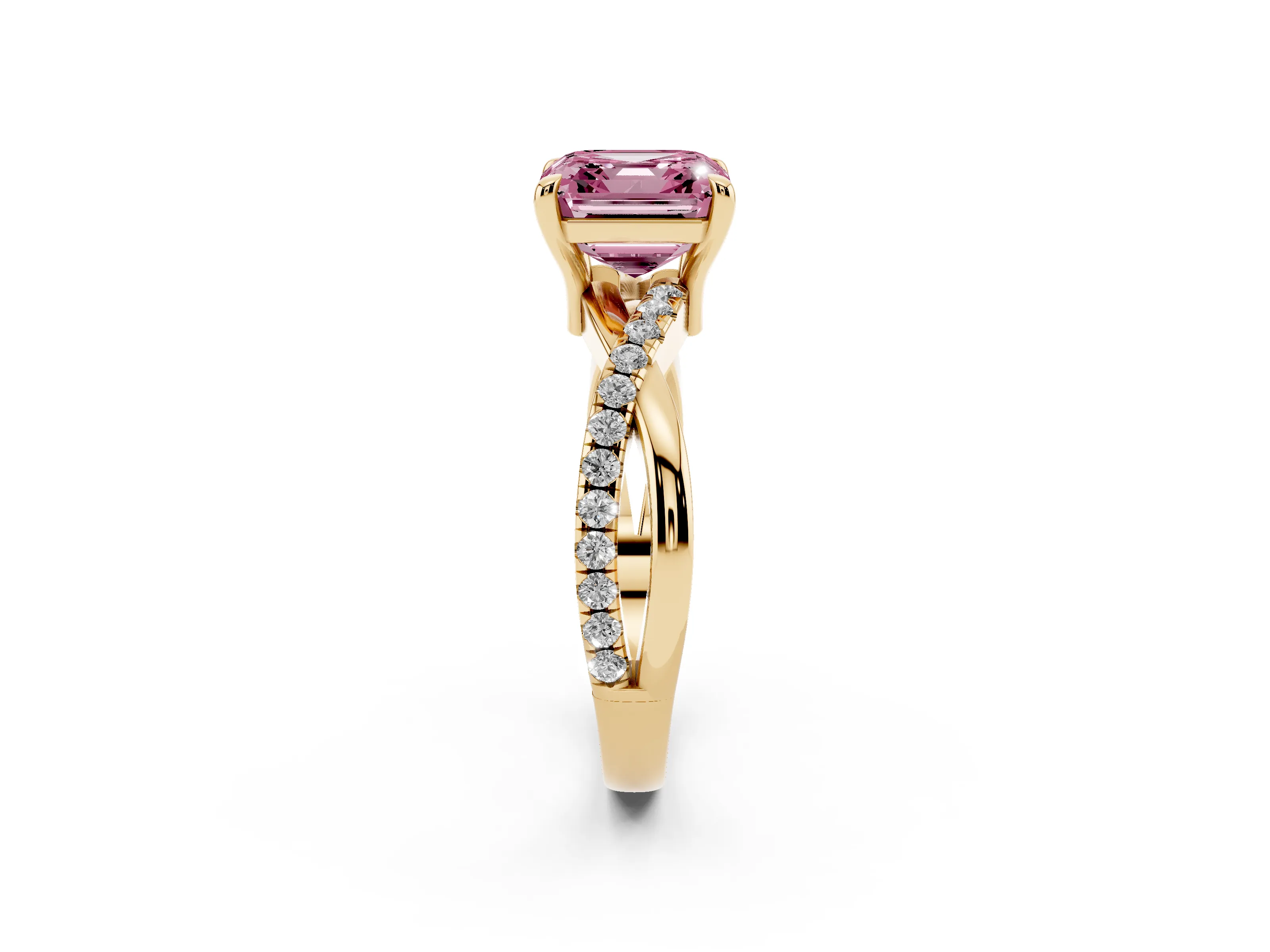 Fancy Pink Asscher Cut Diamond Twist Band Pavé Solitaire Ring Set in Yellow gold with Prong Setting