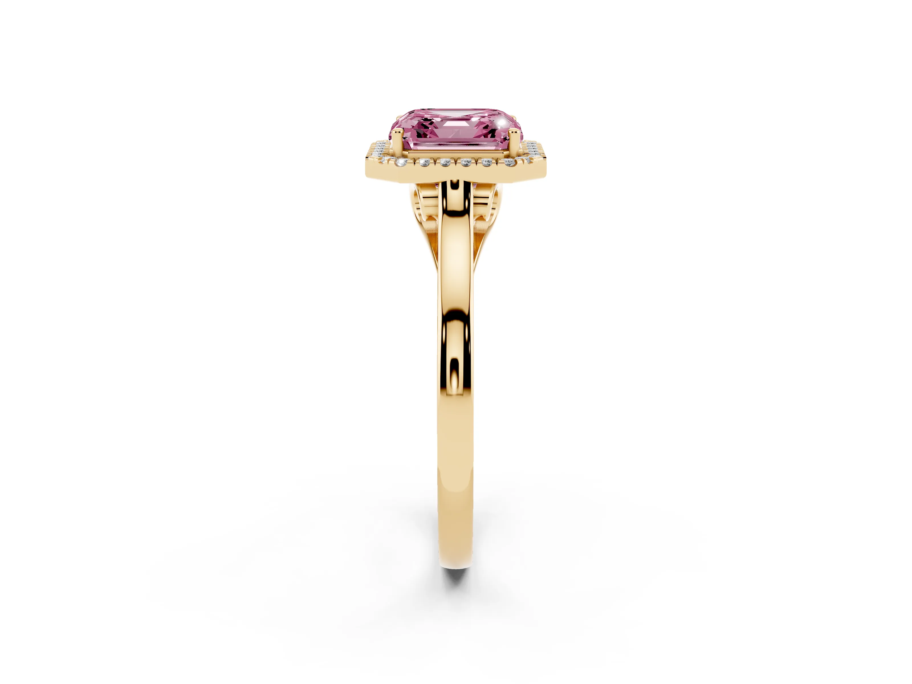 Fancy Pink Asscher Cut Halo Round Diamond Solitaire Ring Set in Yellow gold with Pavé Band and Prong Setting