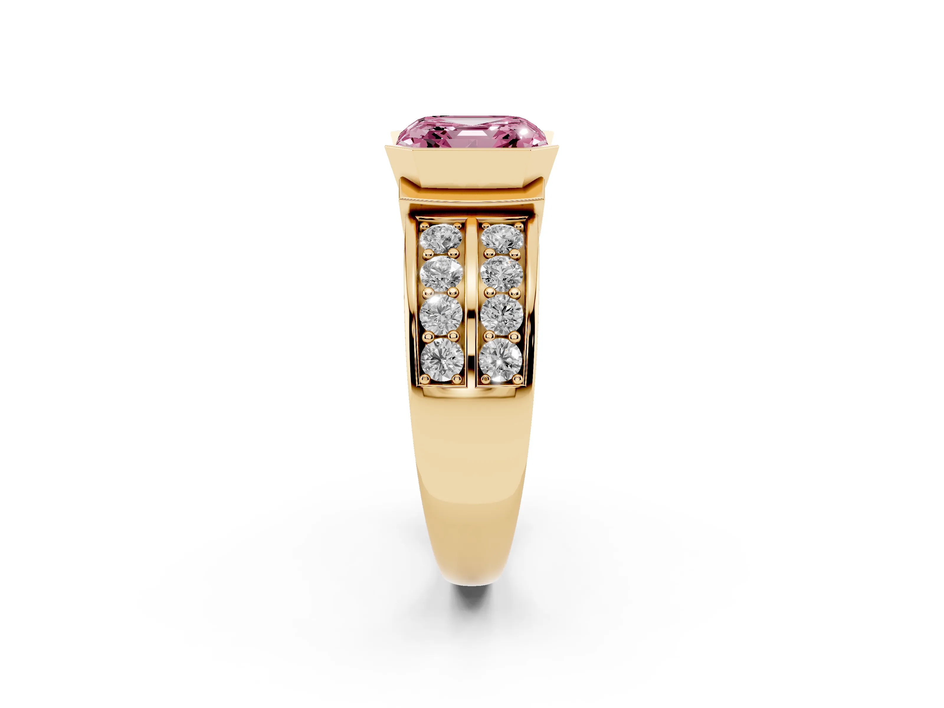 Fancy Pink Asscher Cut Diamond Wide Channel Set Band Ring Set in Yellow gold with Bezel Setting
