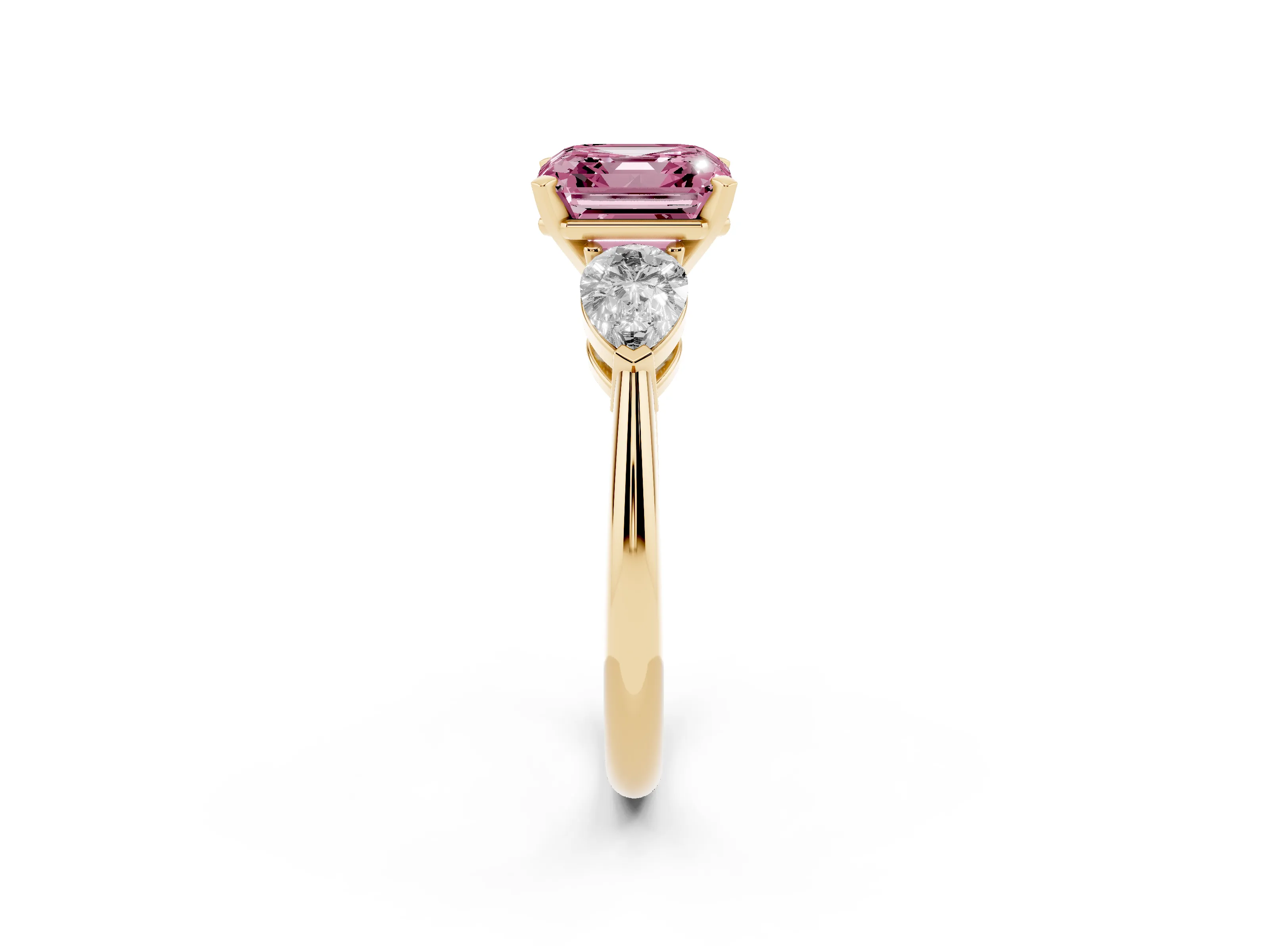 Fancy Pink Three-Stone Asscher Cut Diamond Ring Set in Yellow gold with Pear Side Stones and Prong Setting