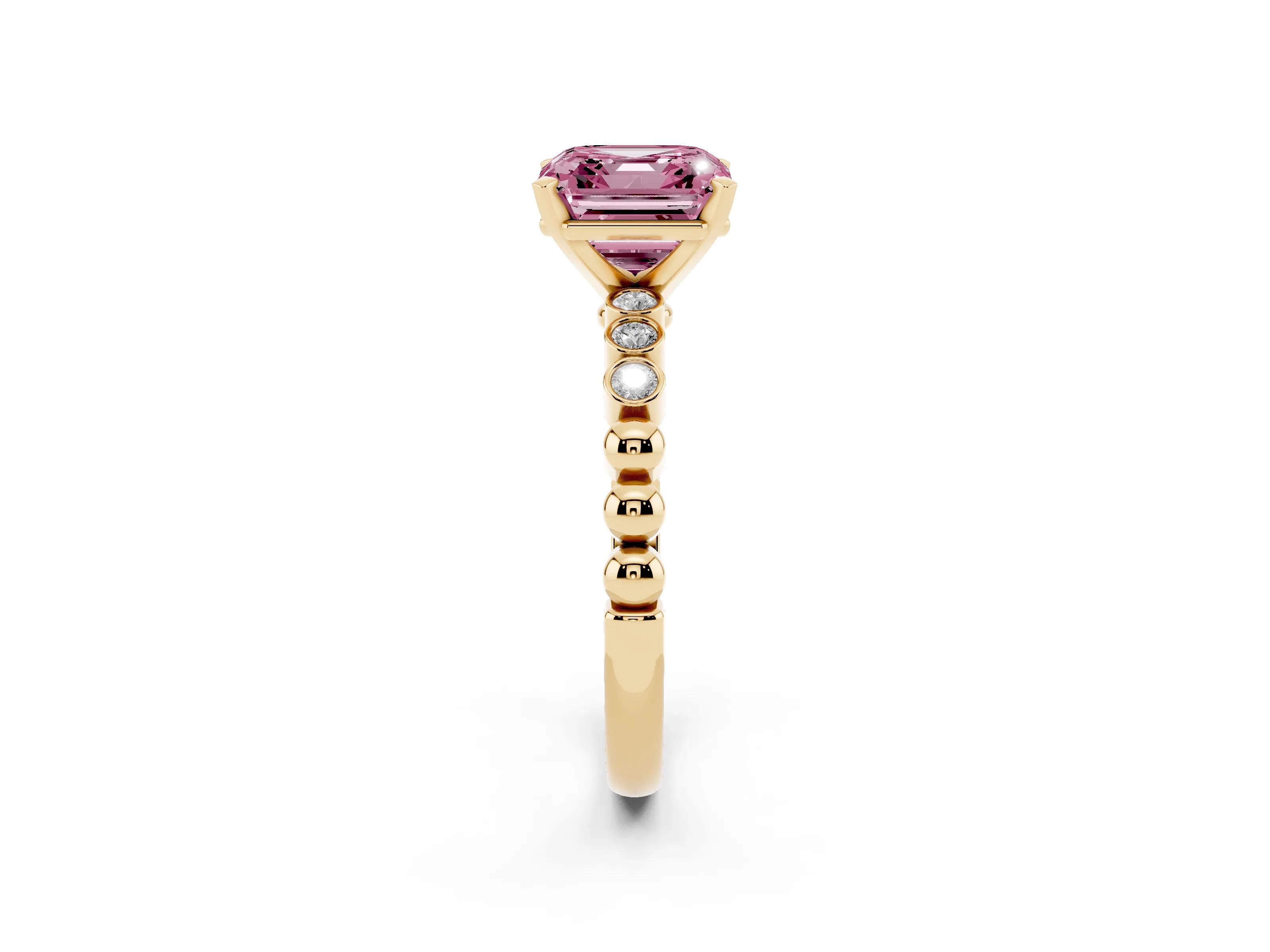Fancy Pink Asscher Cut Diamond Solitaire Engagement Ring Set in Yellow gold with Bezel Accents on Beaded Band