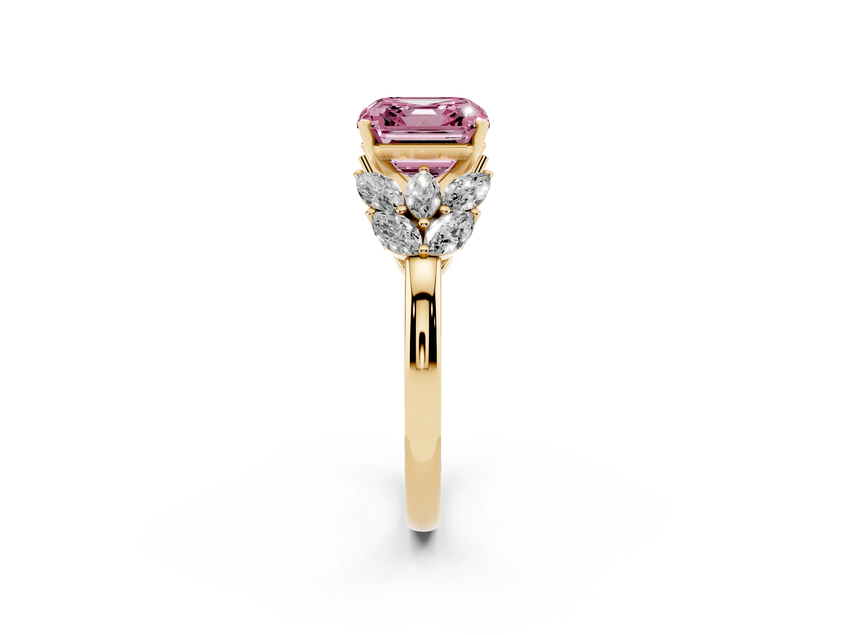 Fancy Pink Asscher Cut Diamond Cluster Leaf Design Ring Set in Yellow gold with Prong Setting