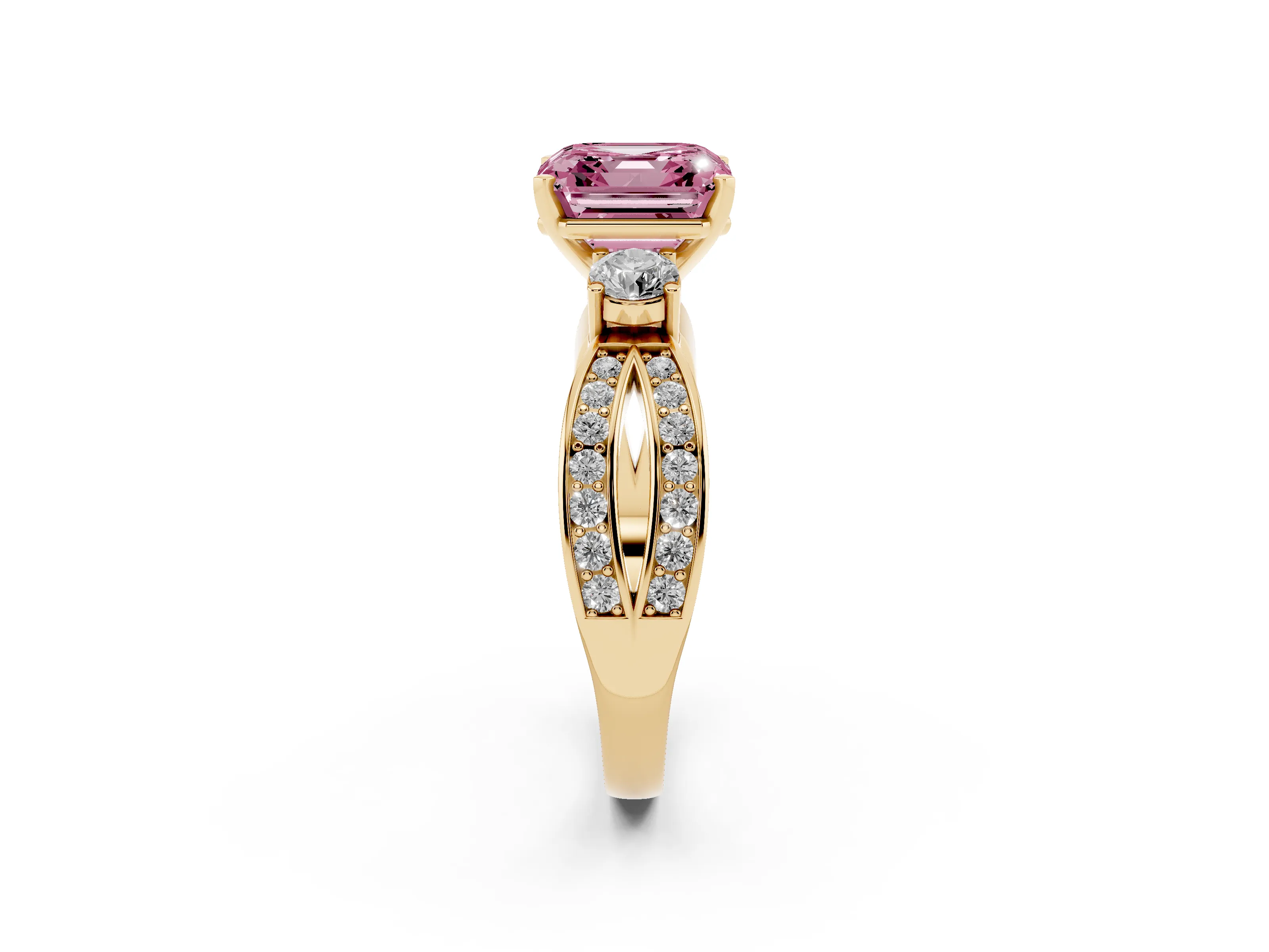 Fancy Pink Three-Stone Asscher Cut Diamond Twist Band Ring Set in Yellow gold with Pavé Accents and Prong Setting