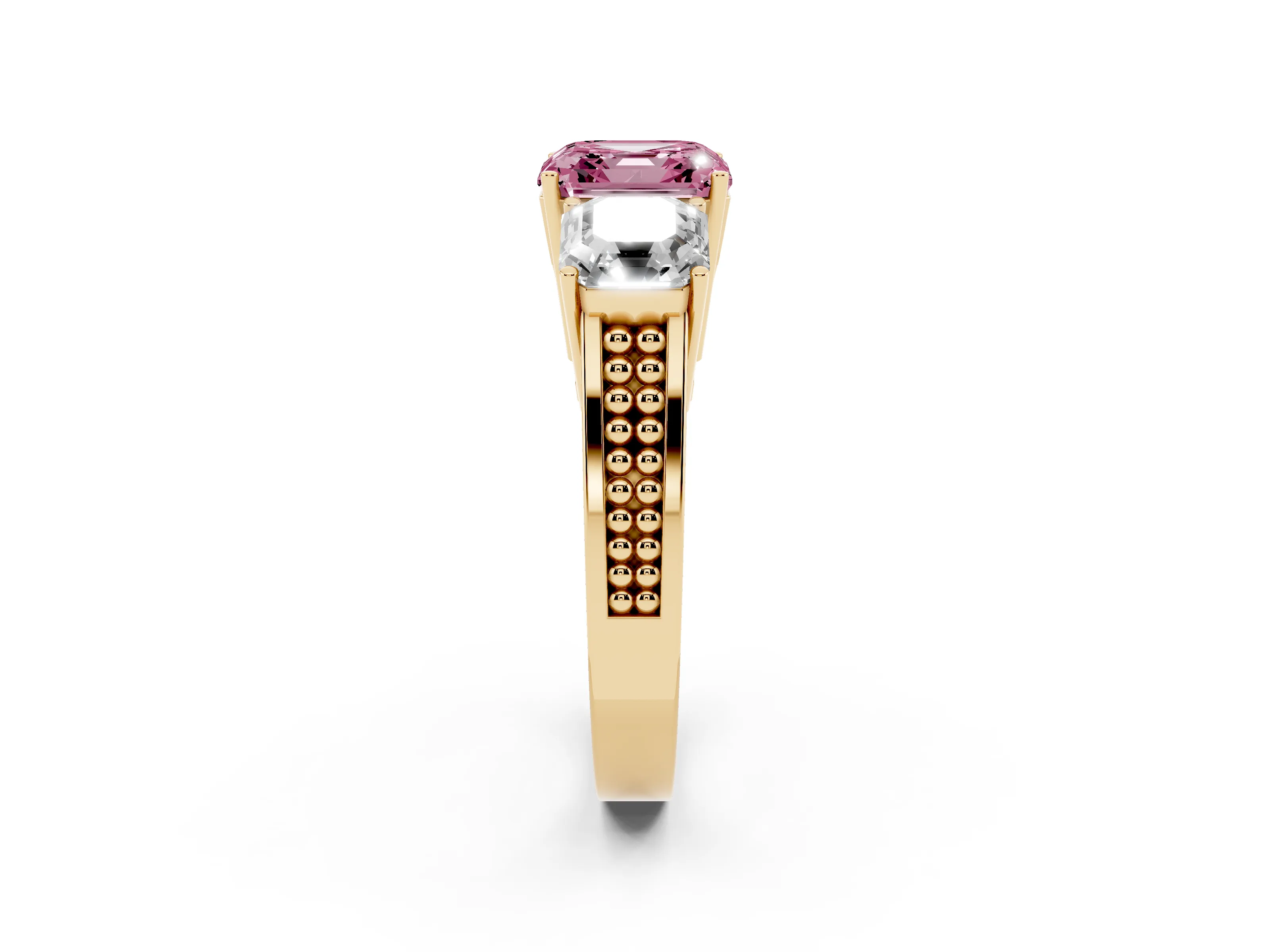 Fancy Pink Asscher Cut Diamond Three-Stone Ring Set in Yellow gold with Textured Band