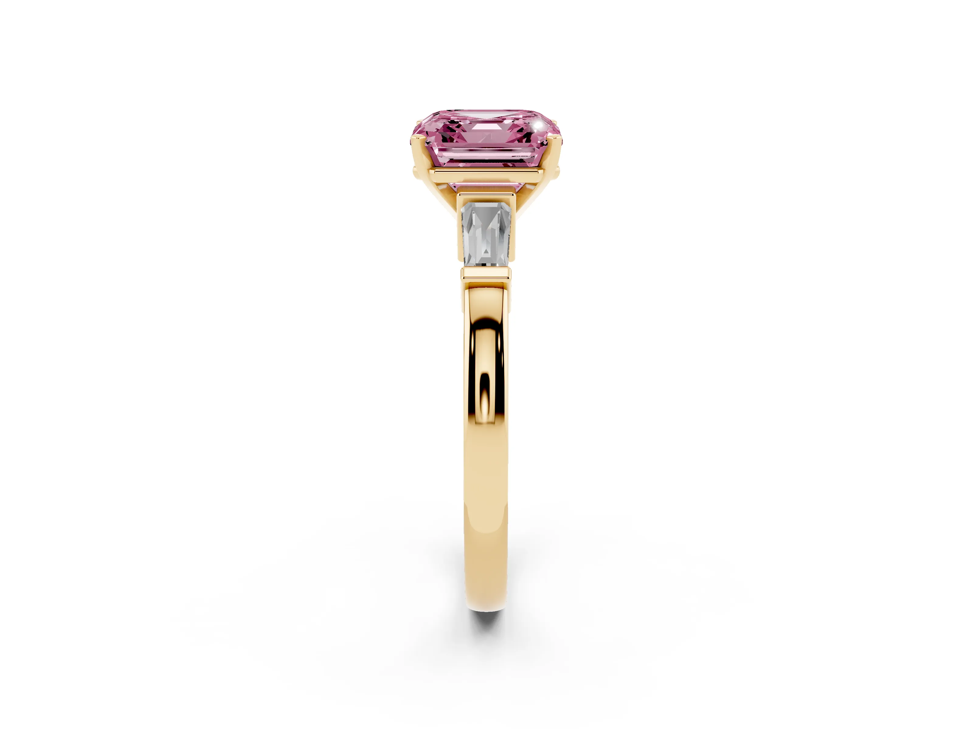 Fancy Pink Asscher Cut Diamond Solitaire Ring Set in Yellow gold with Tapered Baguette Accents and Prong Setting