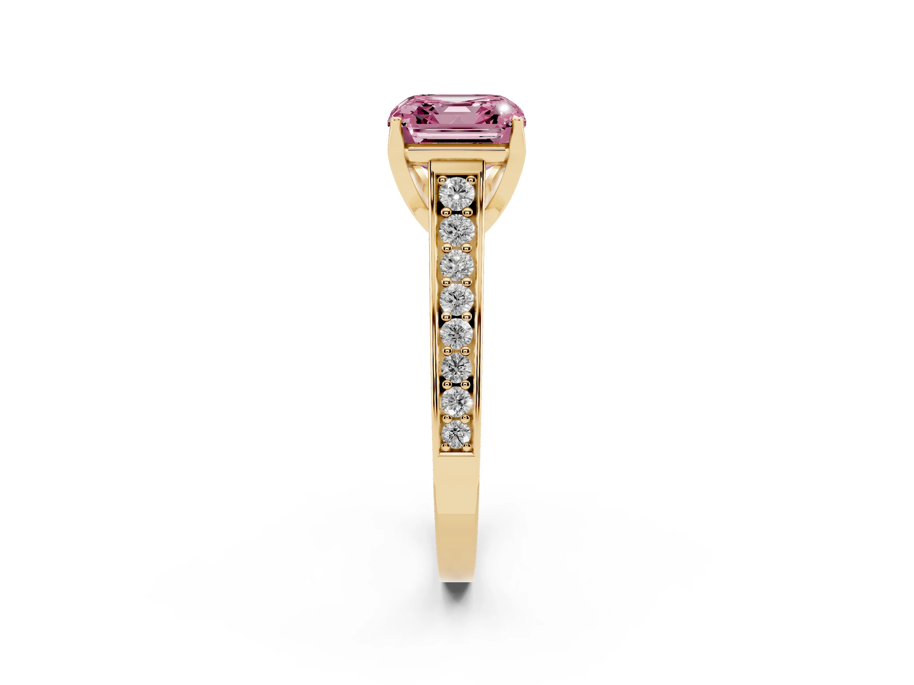 Fancy Pink Asscher Cut Diamond Solitaire Pavé Engagement Ring Set in Yellow gold with Prong Setting