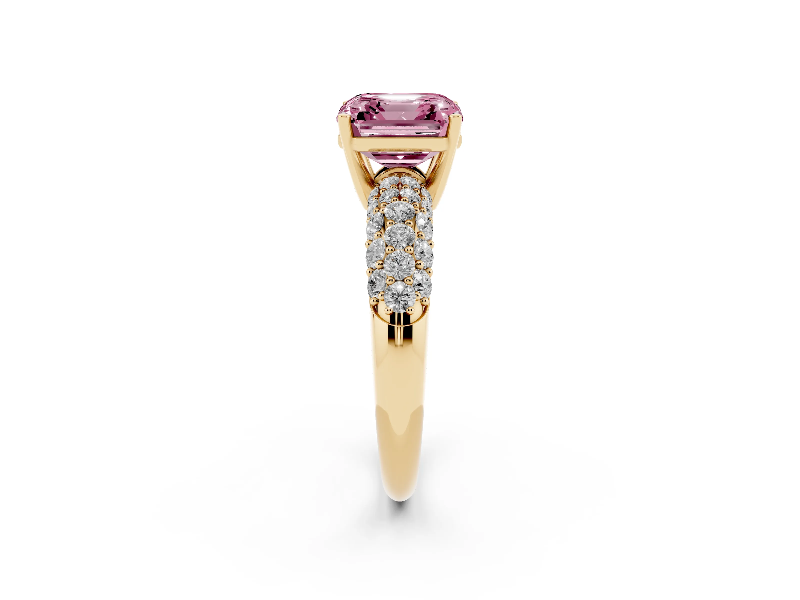 Fancy Pink Asscher Cut Diamond Pavé Band Solitaire Ring Set in Yellow gold with Close-Set Accent Stones and Prong Setting