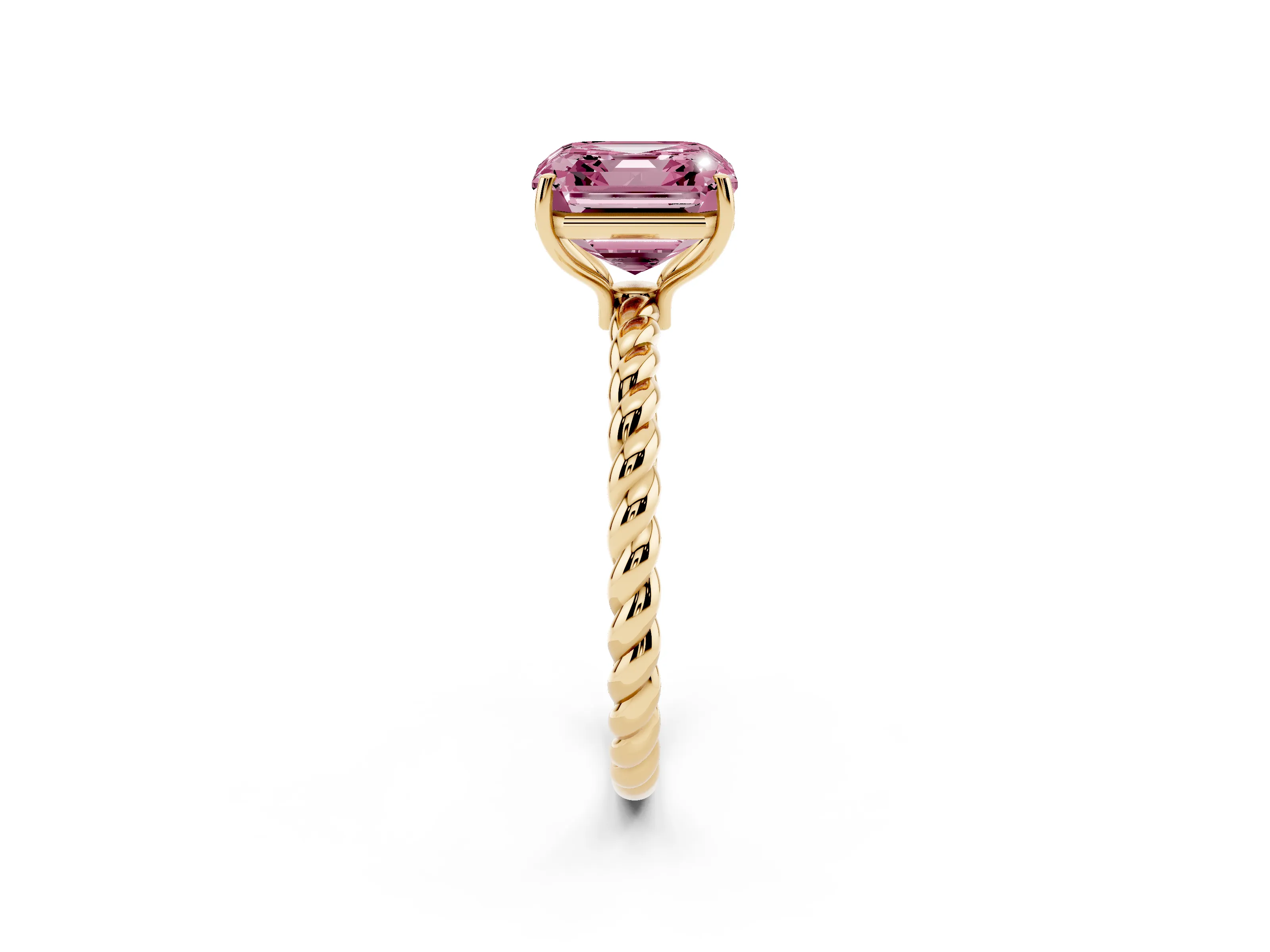Fancy Pink Asscher Cut Diamond Solitaire Ring Set in Yellow gold with Twist Band and Prong Setting