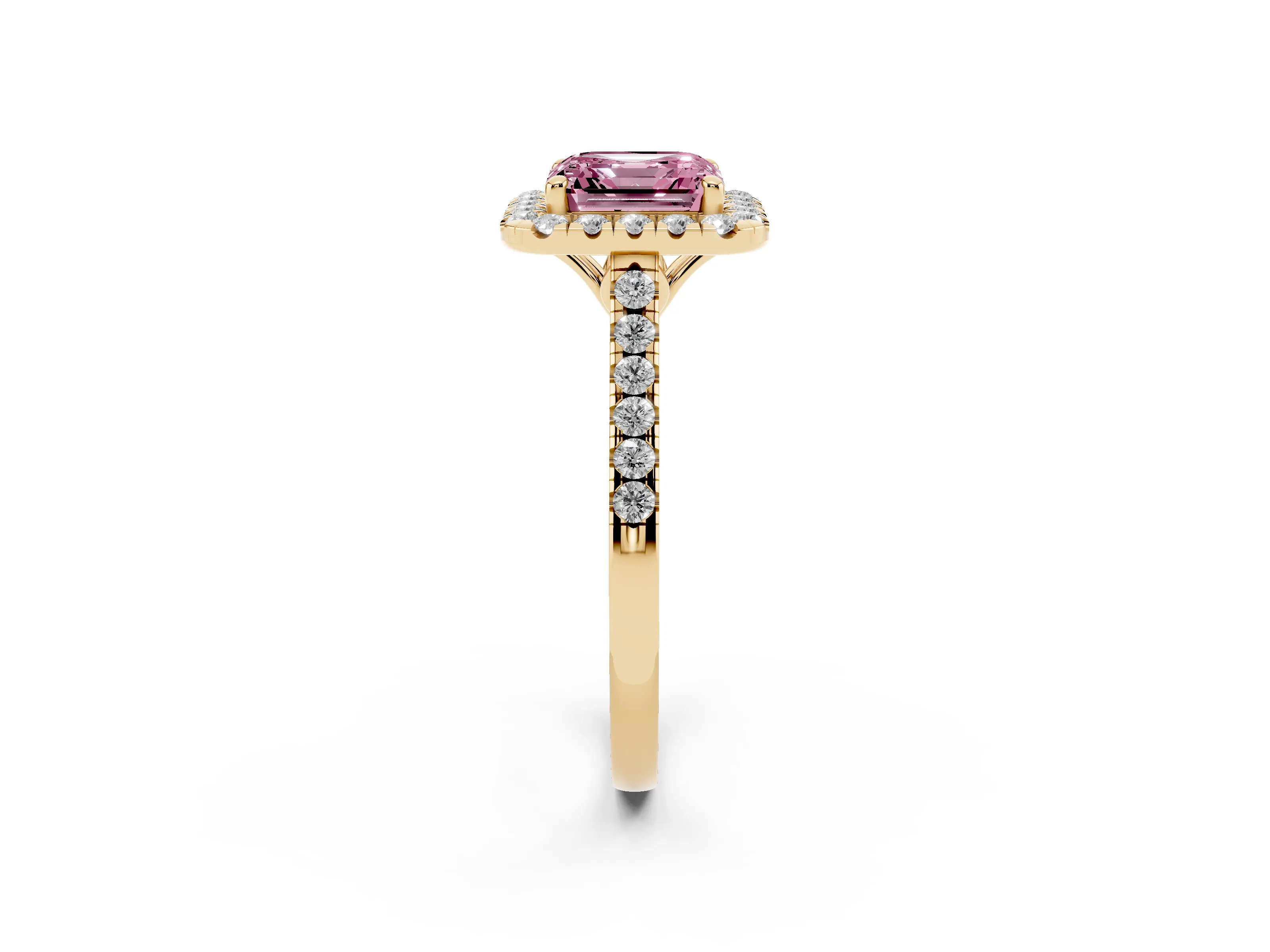Fancy Pink Asscher Cut Diamond Pavé Halo Engagement Ring Set in Yellow gold with Pavé Band and Prong Setting