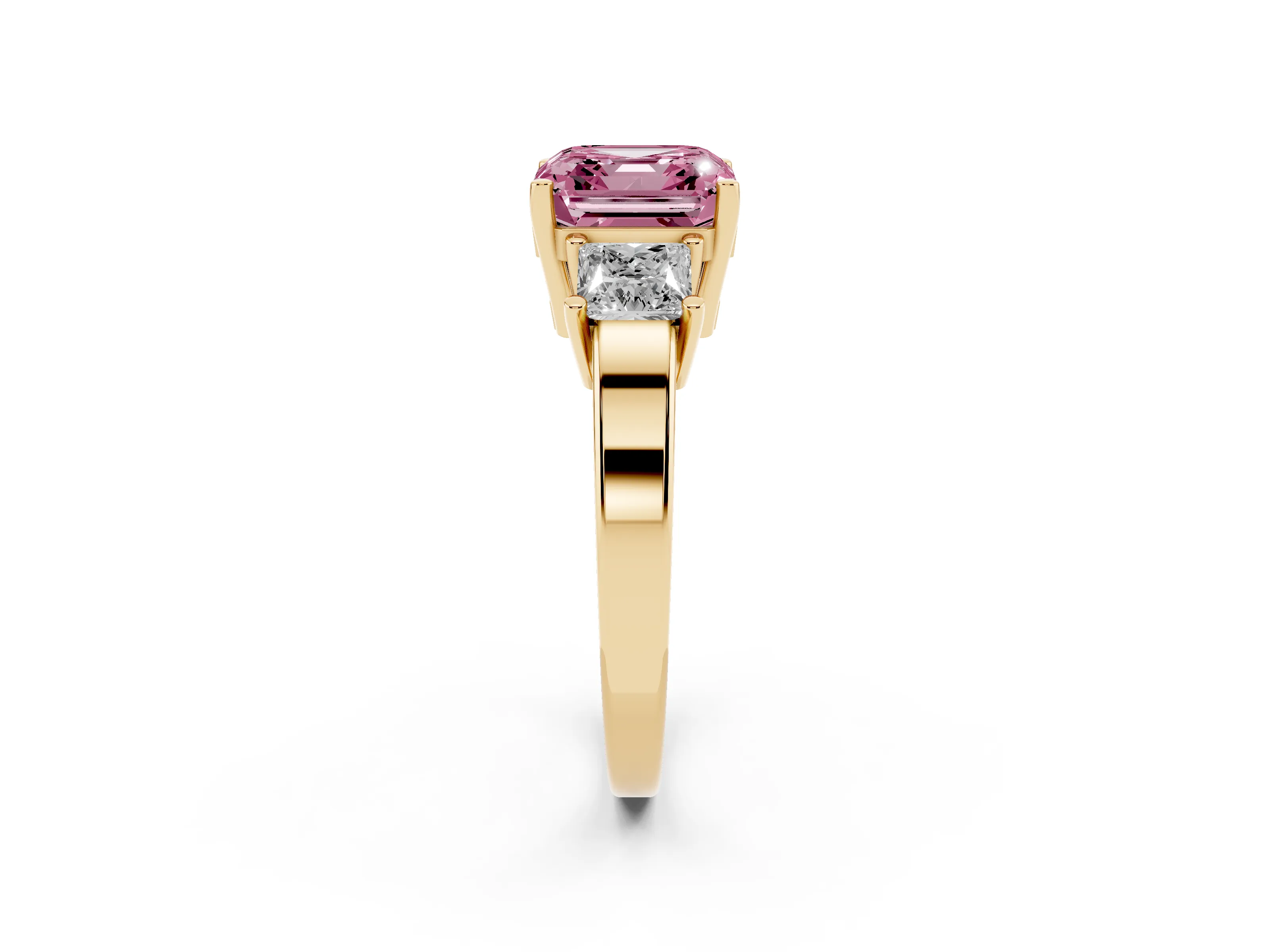 Fancy Pink Three-Stone Asscher Cut Diamond Solitaire Ring Set in Yellow gold with Prong Setting