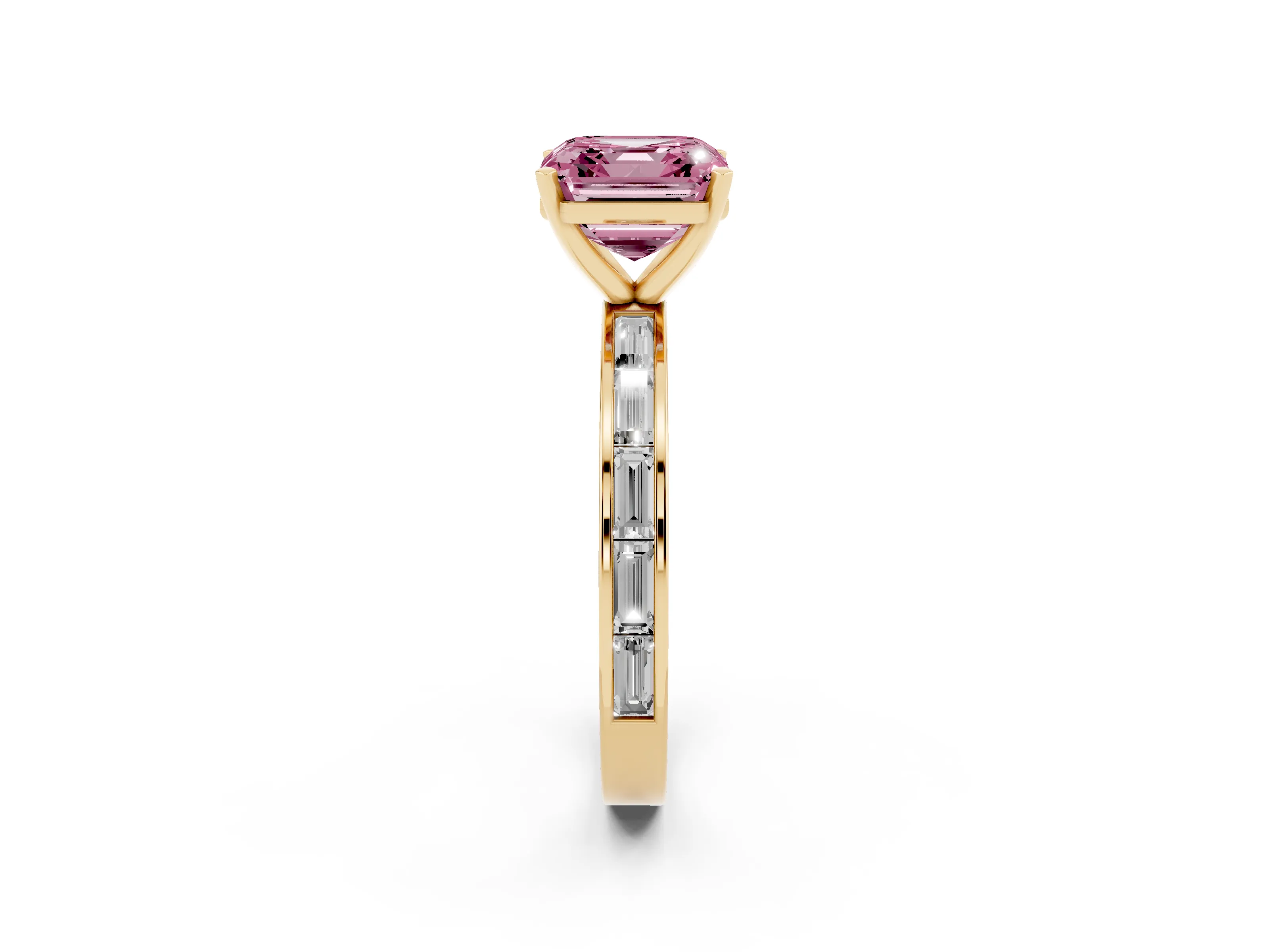 Fancy Pink Asscher Cut Diamond Solitaire Ring Set in Yellow gold with Channel-Set Baguette Band and Prong Setting