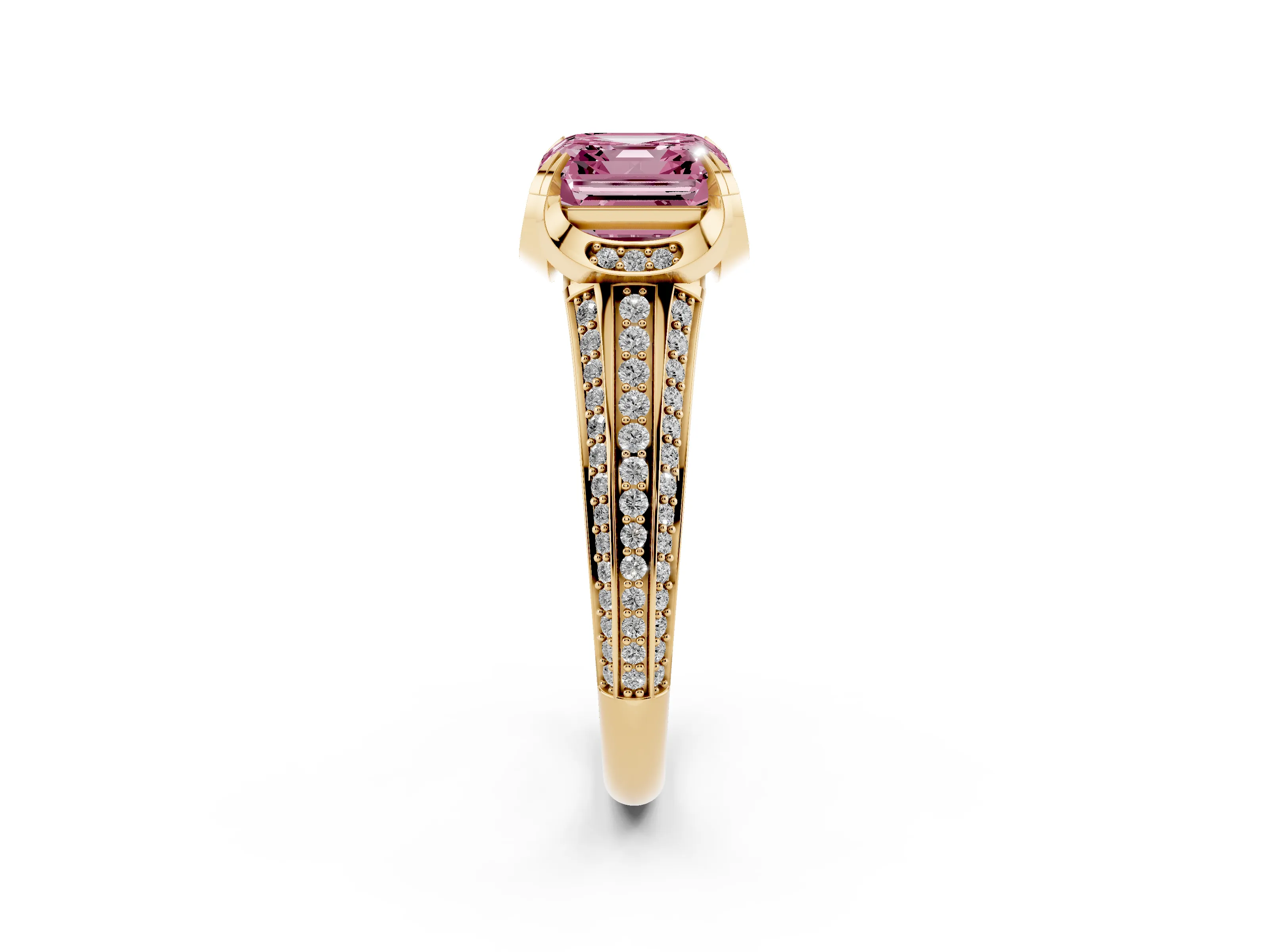 Fancy Pink Asscher Cut Diamond Pavé Split Shank Solitaire Ring Set in Yellow gold with Prong Setting