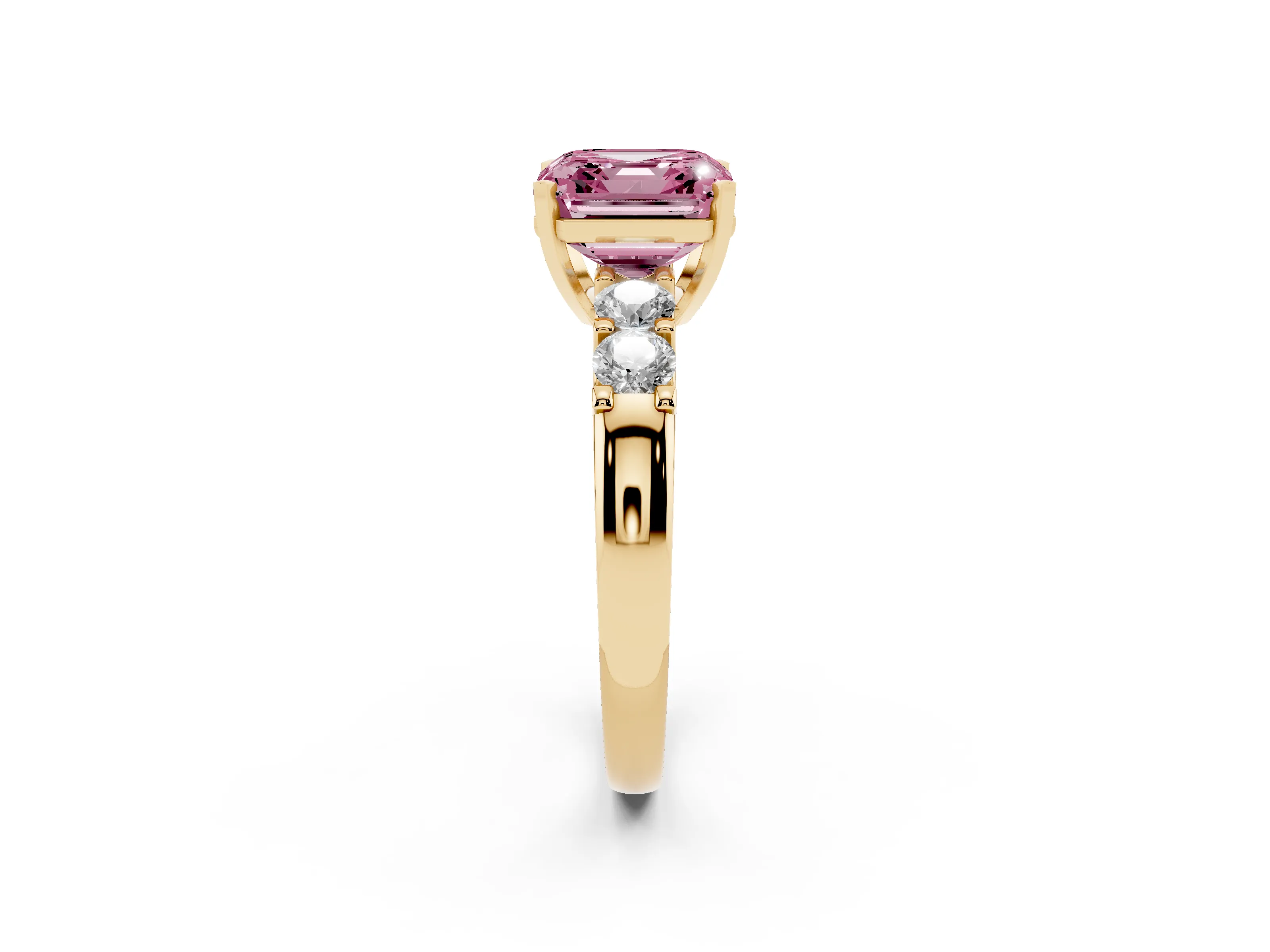 Fancy Pink Asscher Cut Diamond Five-Stone Prong Set Engagement Ring Set in Yellow gold with Channel Band