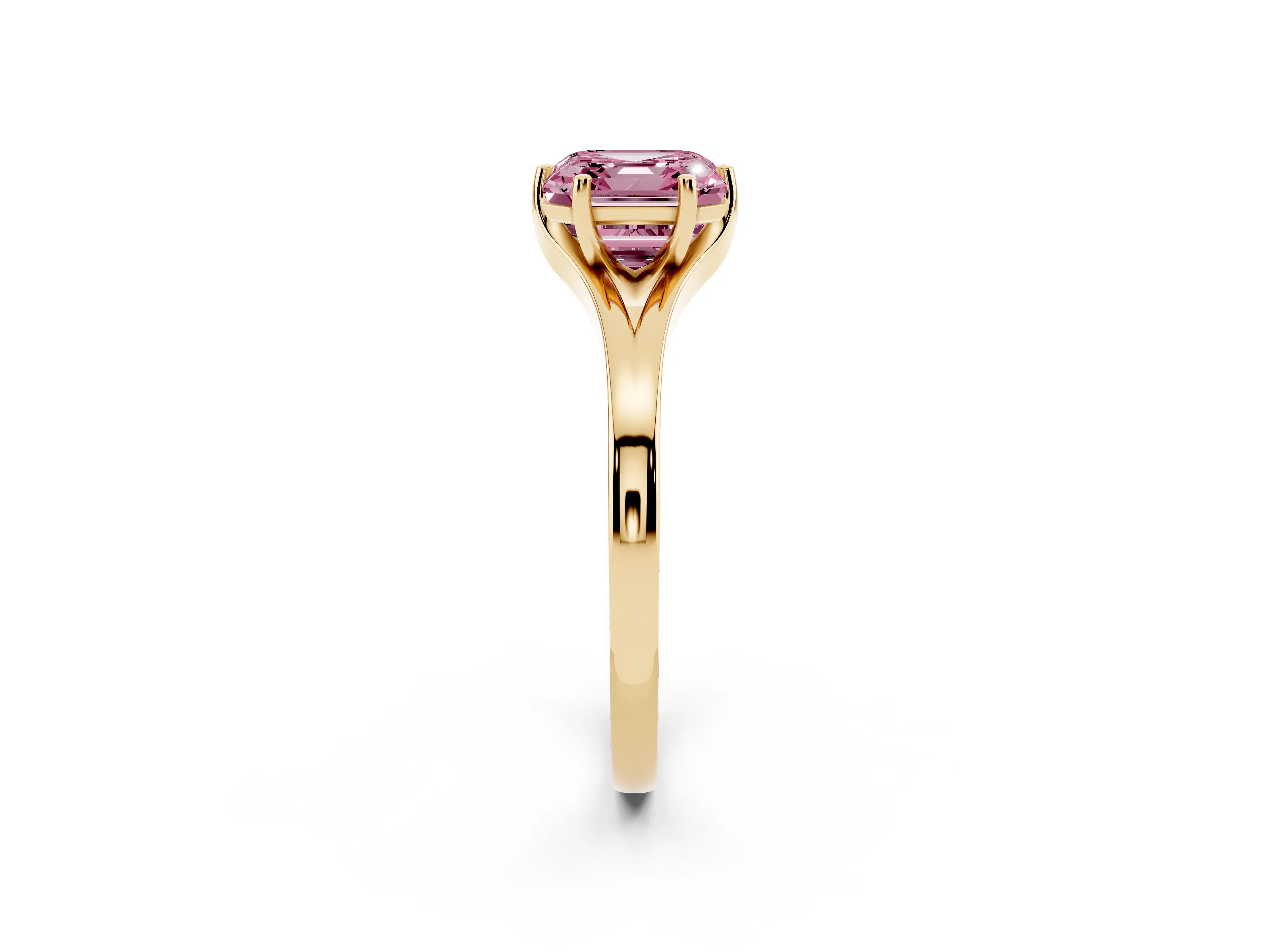 Fancy Pink Asscher Cut Diamond Solitaire Ring Set in Yellow gold with Polished Tapered Band and Prong Setting