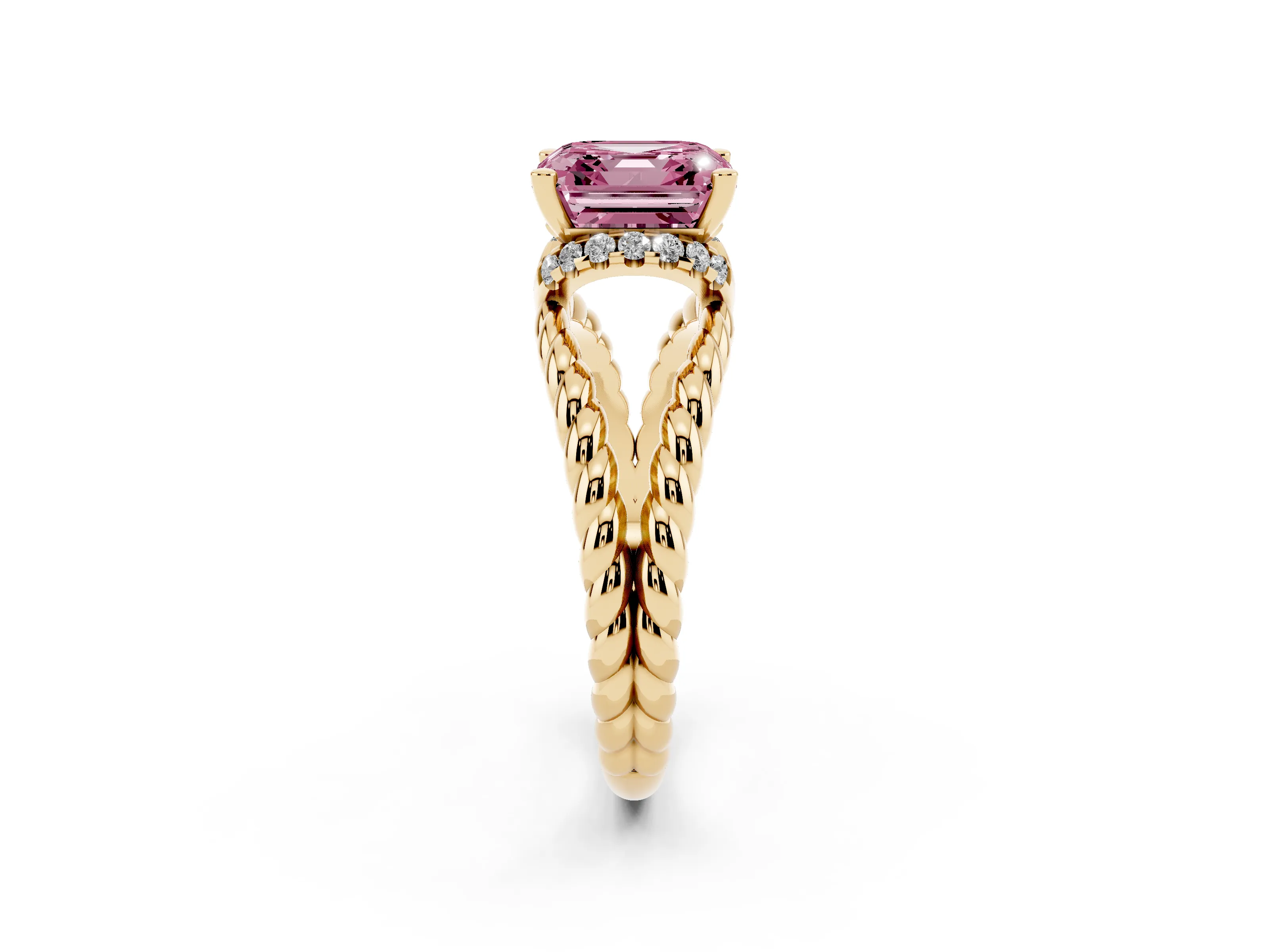 Fancy Pink Asscher Cut Diamond Halo Ring Set in Yellow gold with Twisted Band and Prong Setting