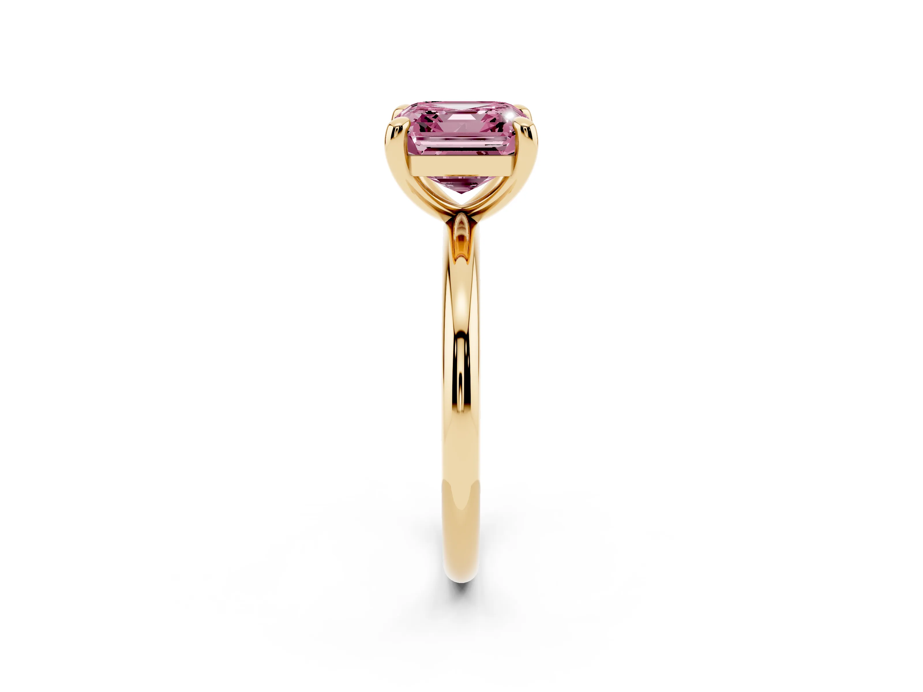 Fancy Pink Asscher Cut Diamond Solitaire Ring Set in Yellow gold with Prong Setting on a Polished Plain Band
