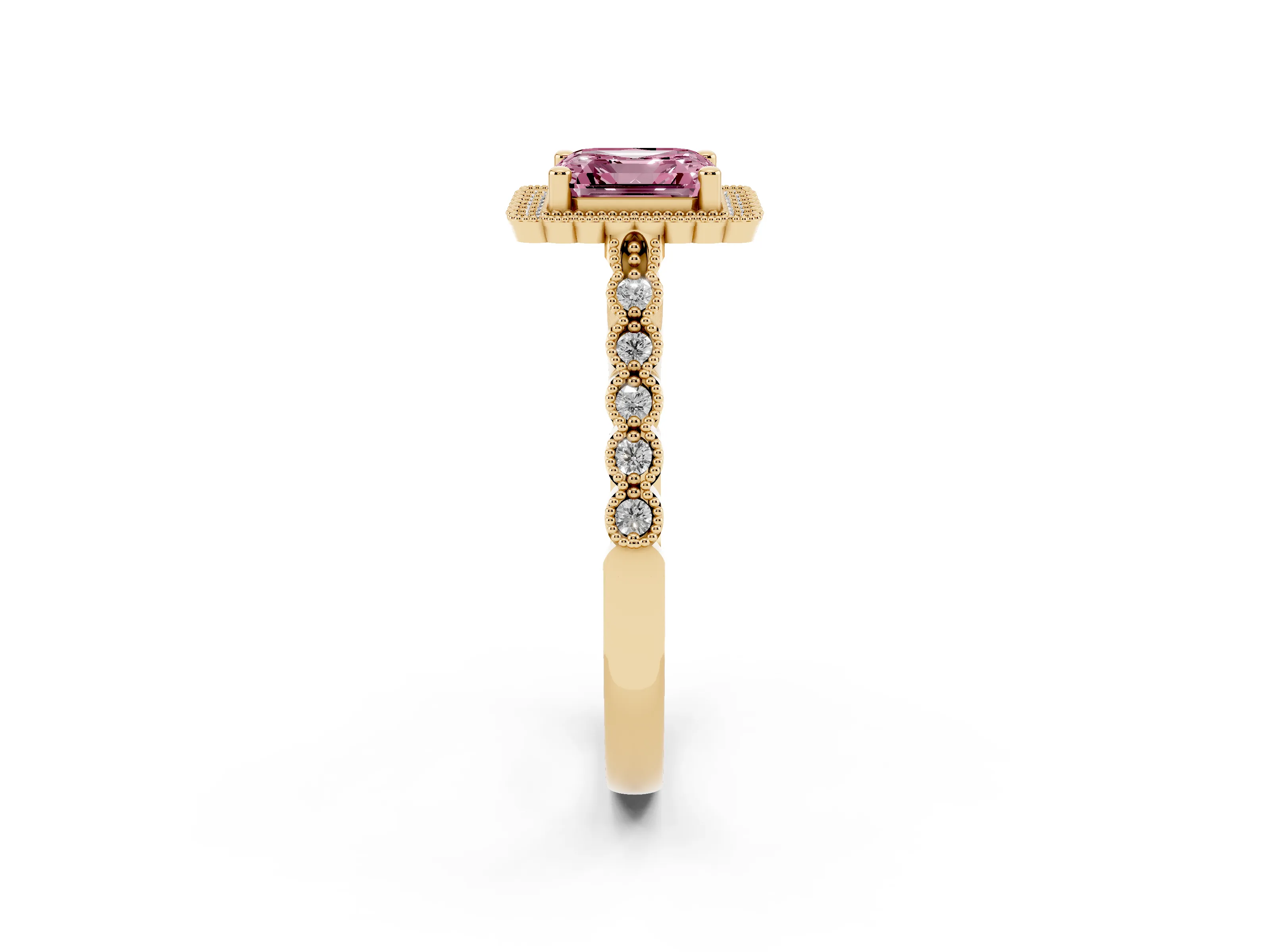 Fancy Pink Asscher Cut Diamond Halo Ring Set in Yellow gold with Pavé Milgrain Band