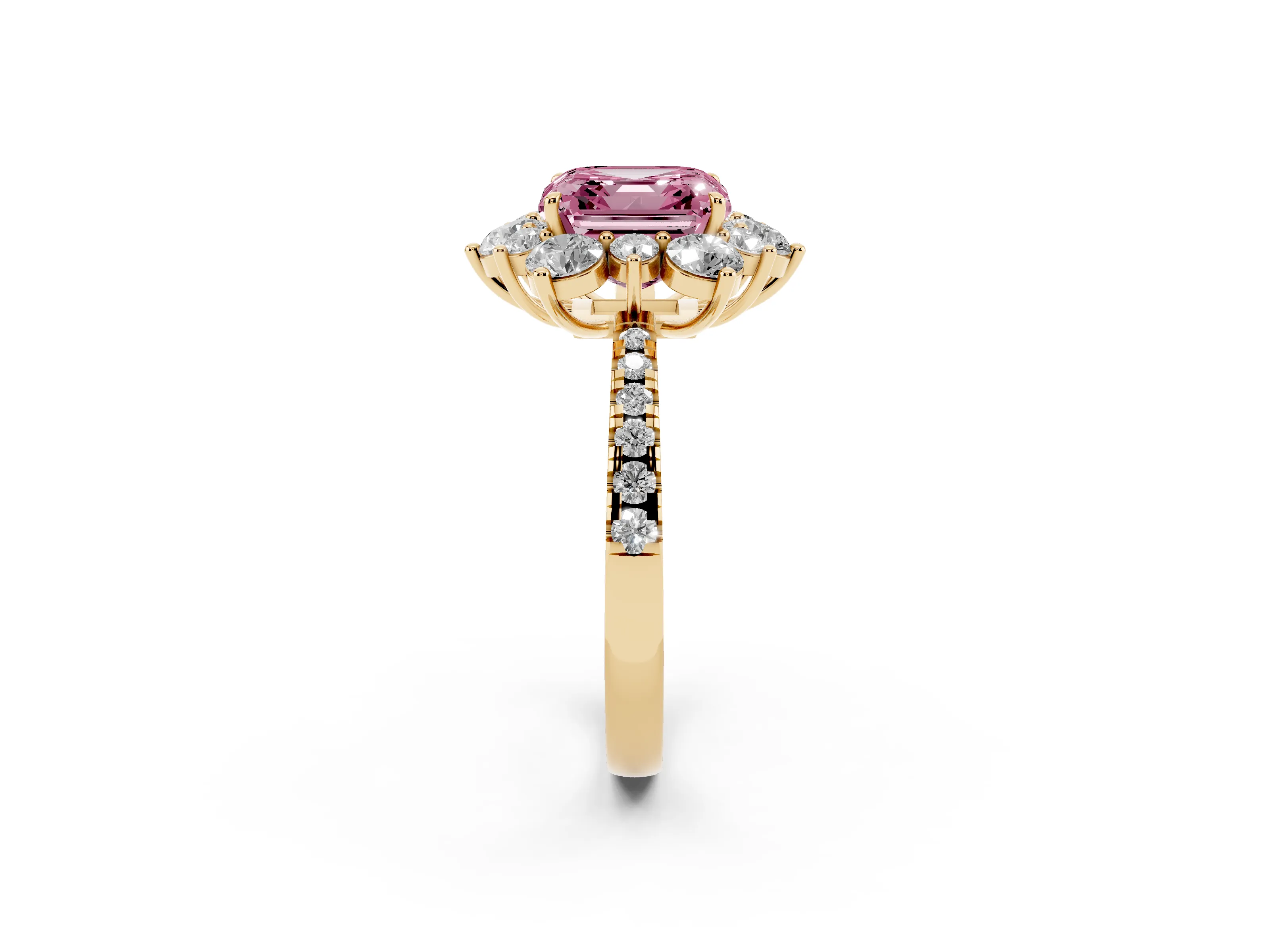 Fancy Pink Asscher Cut Diamond Floral Halo Ring Set in Yellow gold with Round Pavé Band and Prong Setting