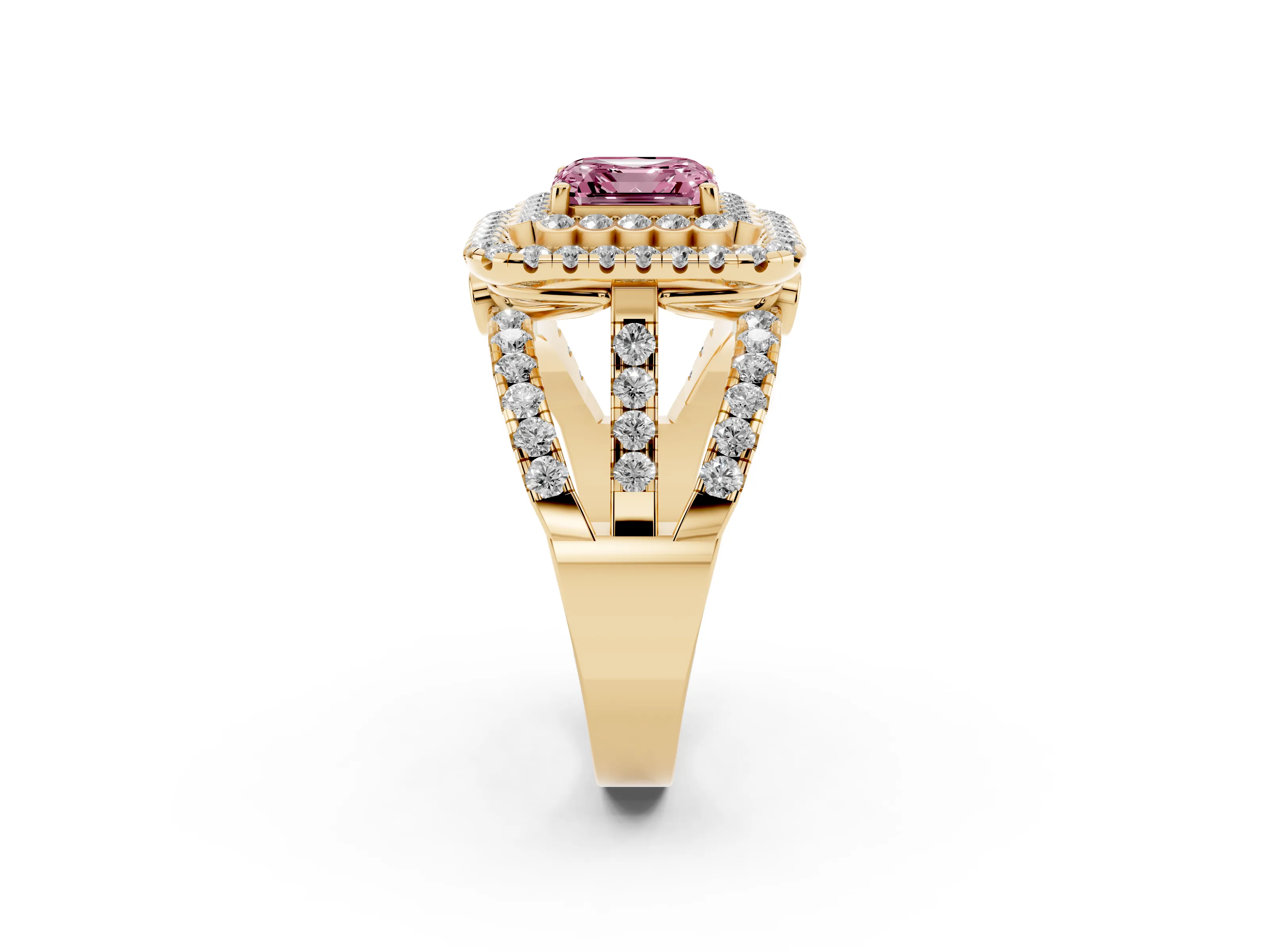 Fancy Pink Asscher Cut Diamond Double Halo Ring Set in Yellow gold with Round Pavé Split Shank