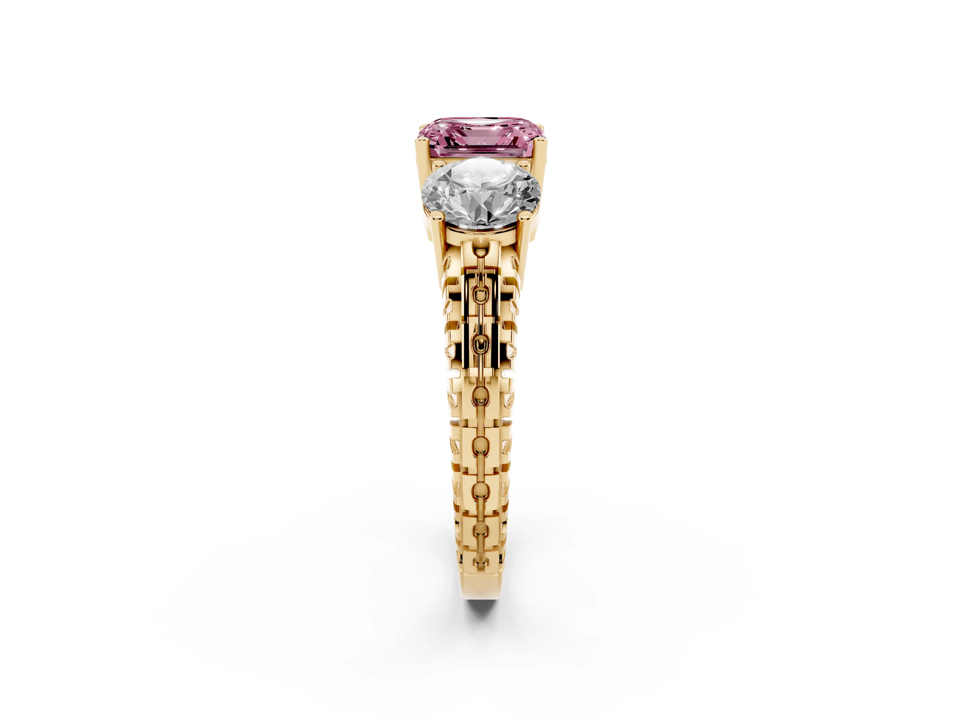 Fancy Pink Asscher Cut Diamond Three-Stone Ring Set in Yellow gold with Channel-Set Accent Band