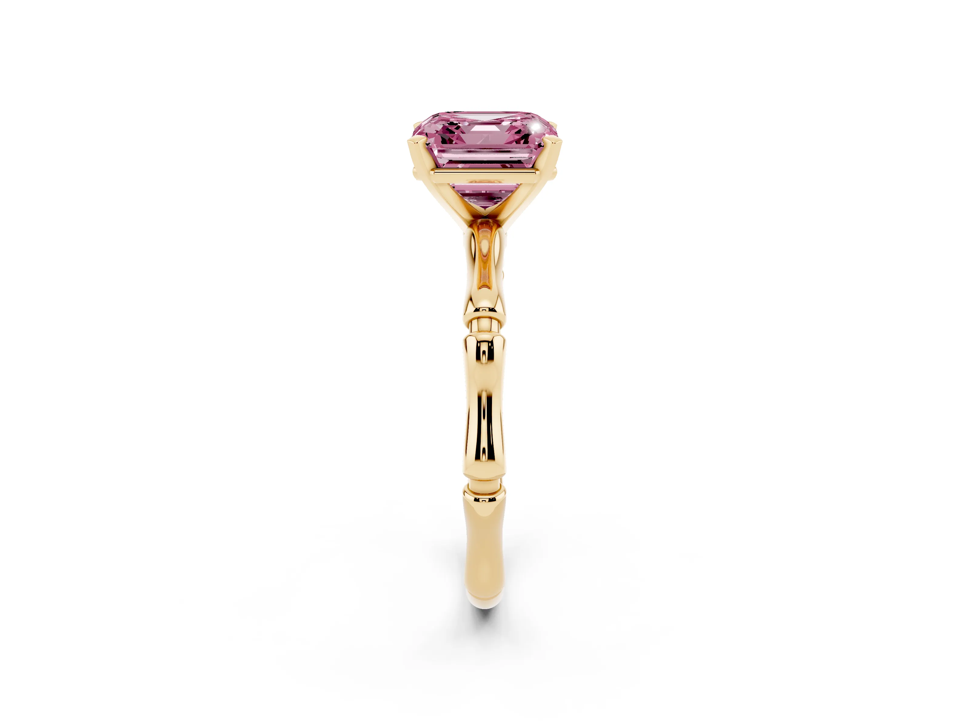 Fancy Pink Asscher Cut Diamond Solitaire Ring Set in Yellow gold with Bamboo Band and Prong Setting