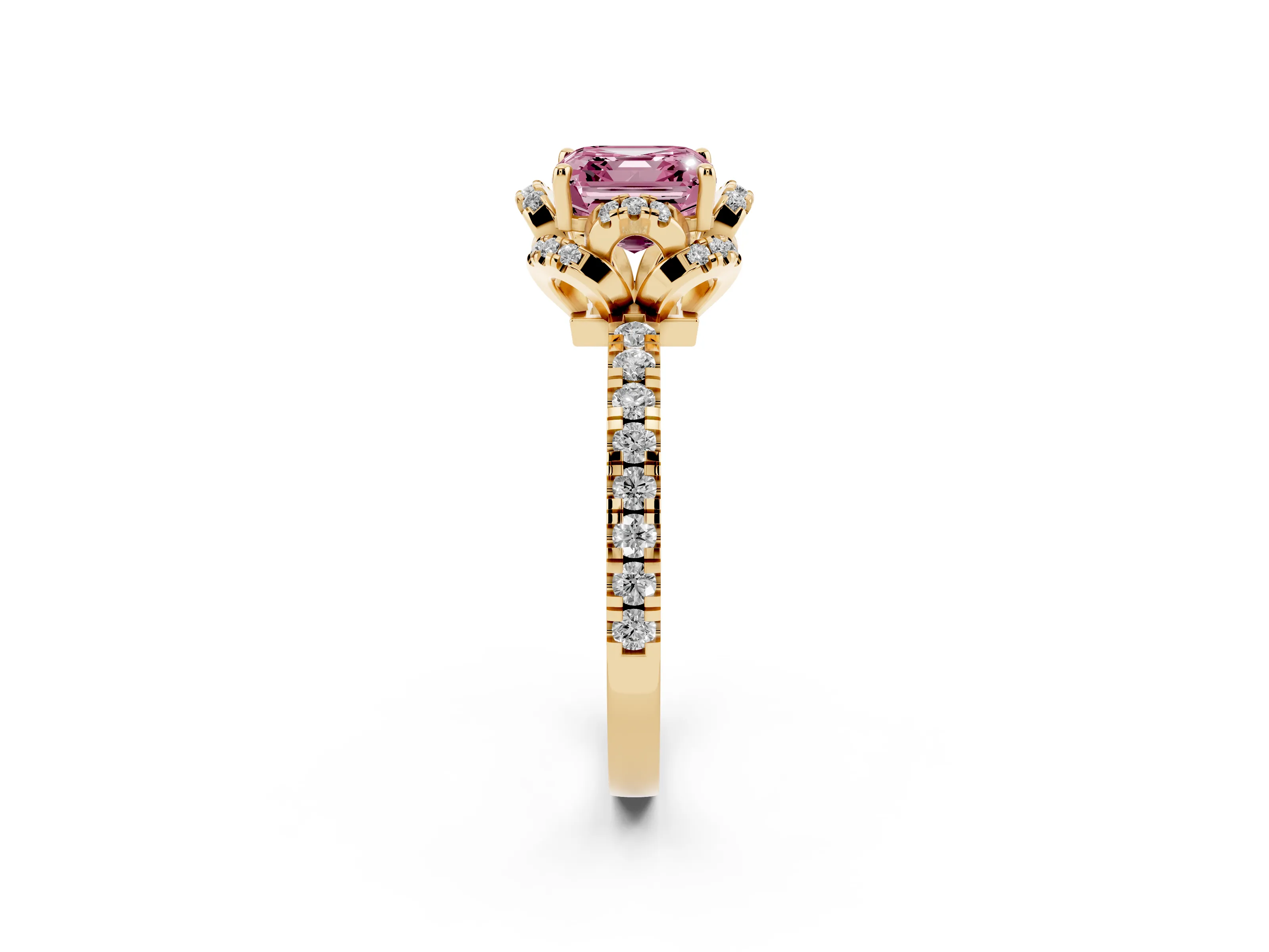 Fancy Pink Asscher Cut Diamond Halo Pavé Ring Set in Yellow gold with Prong-Held Center Stone