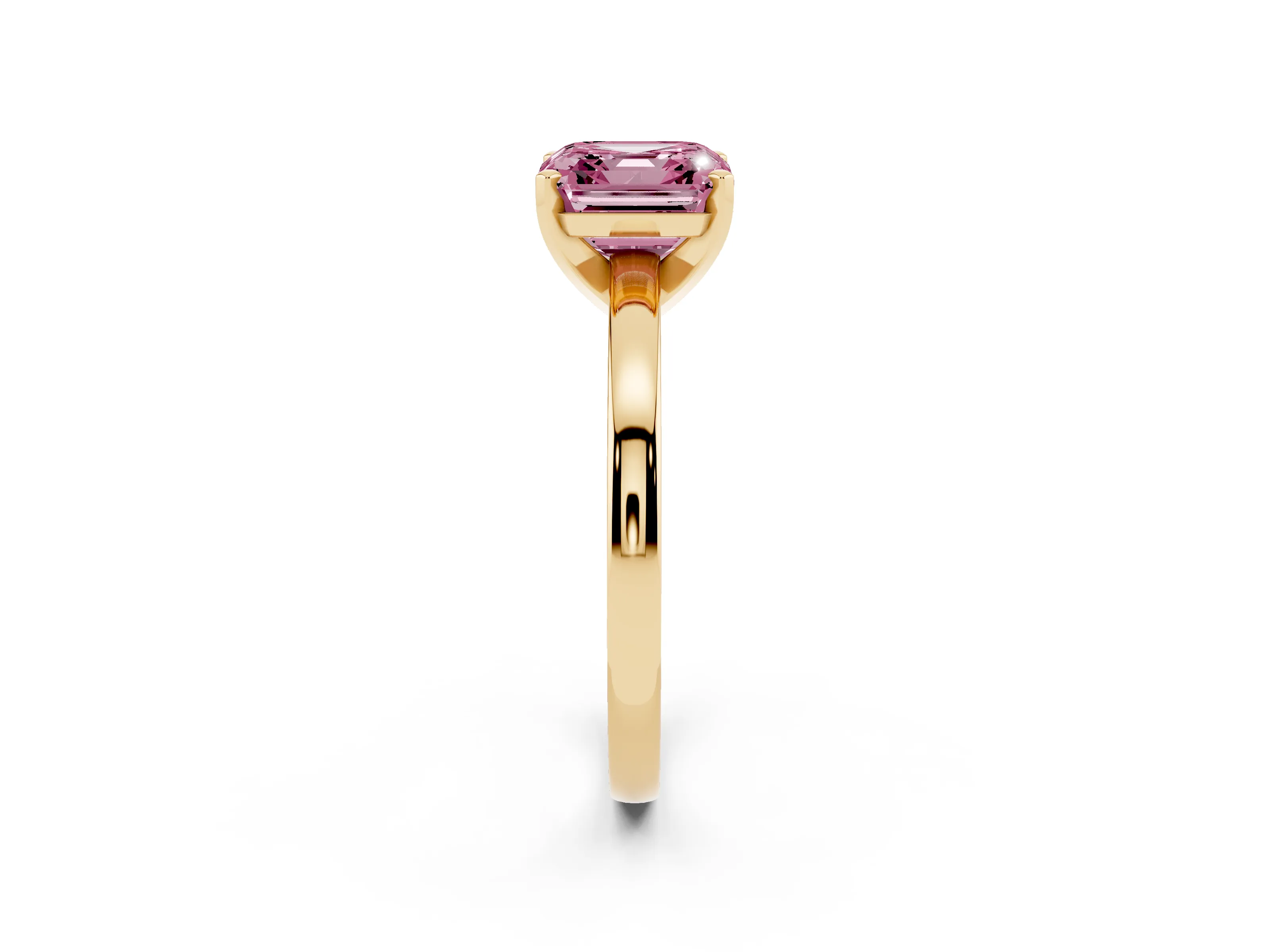 Fancy Pink Asscher Cut Diamond Solitaire Engagement Ring Set in Yellow gold with Prong Setting on a Classic Band