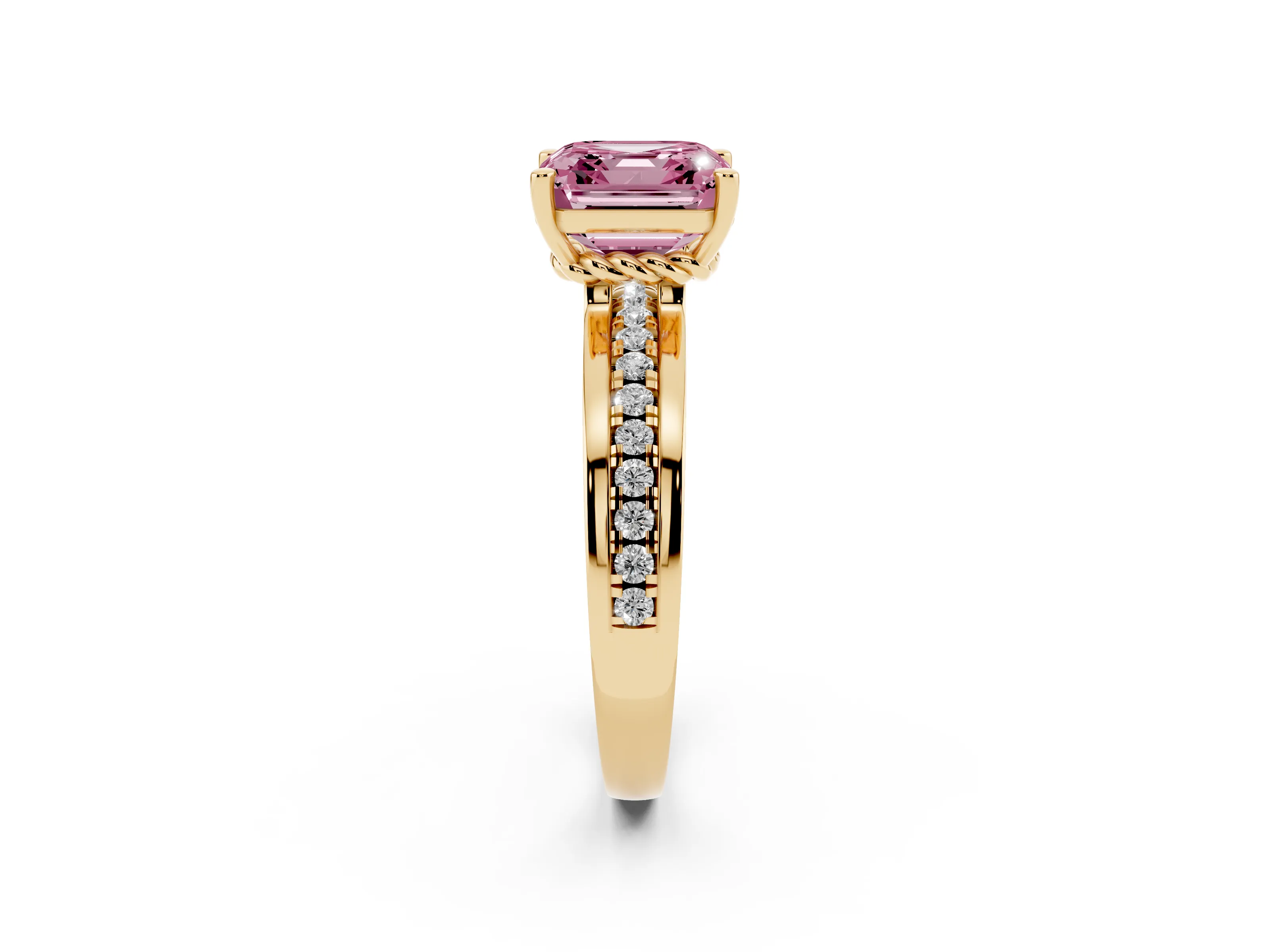 Fancy Pink Asscher Cut Diamond Solitaire Ring Set in Yellow gold with Channel Set Band and Prong Setting
