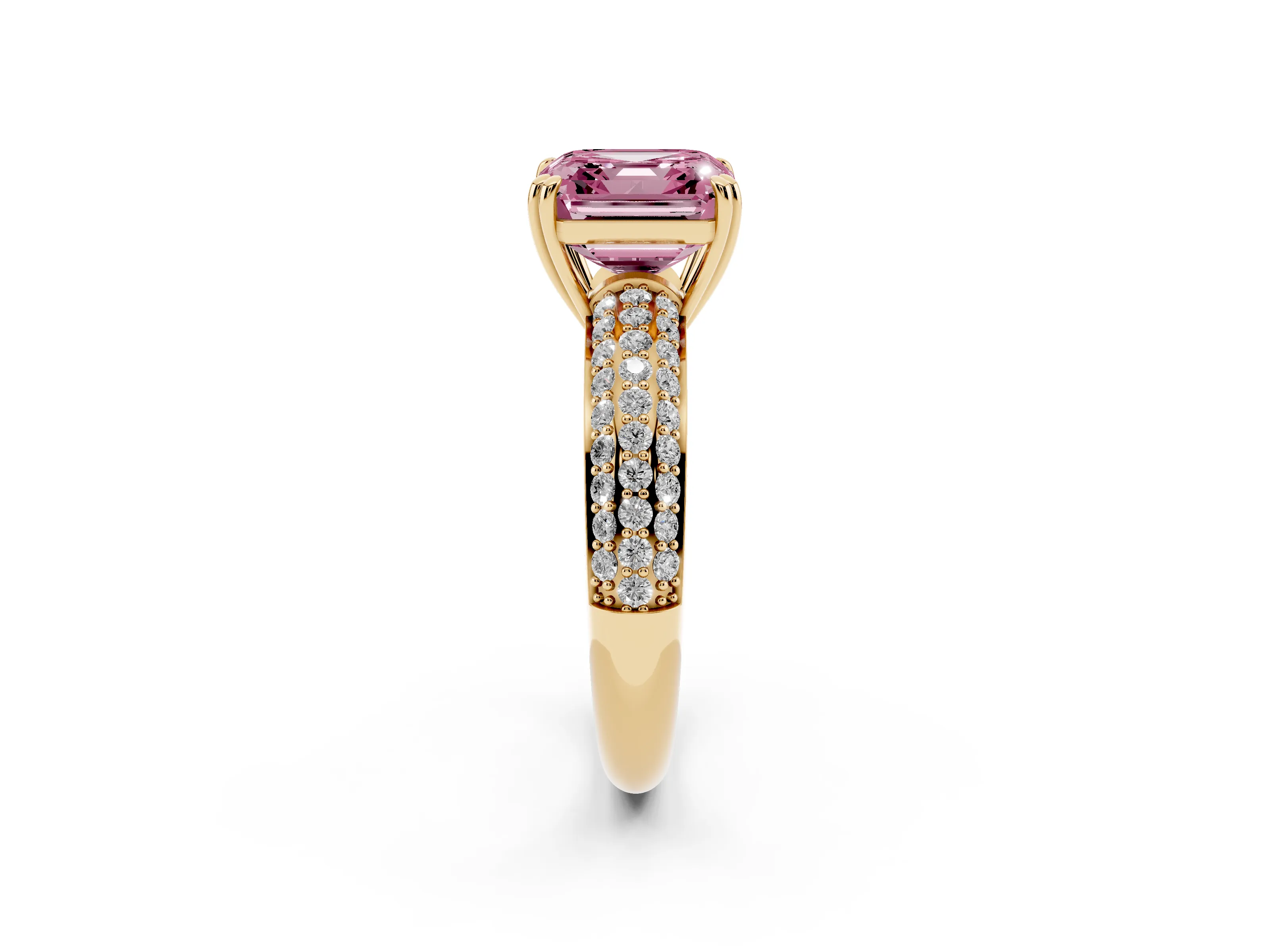 Fancy Pink Asscher Cut Diamond Solitaire Ring Set in Yellow gold with Multi-Row Round Pavé Band and Prong Setting