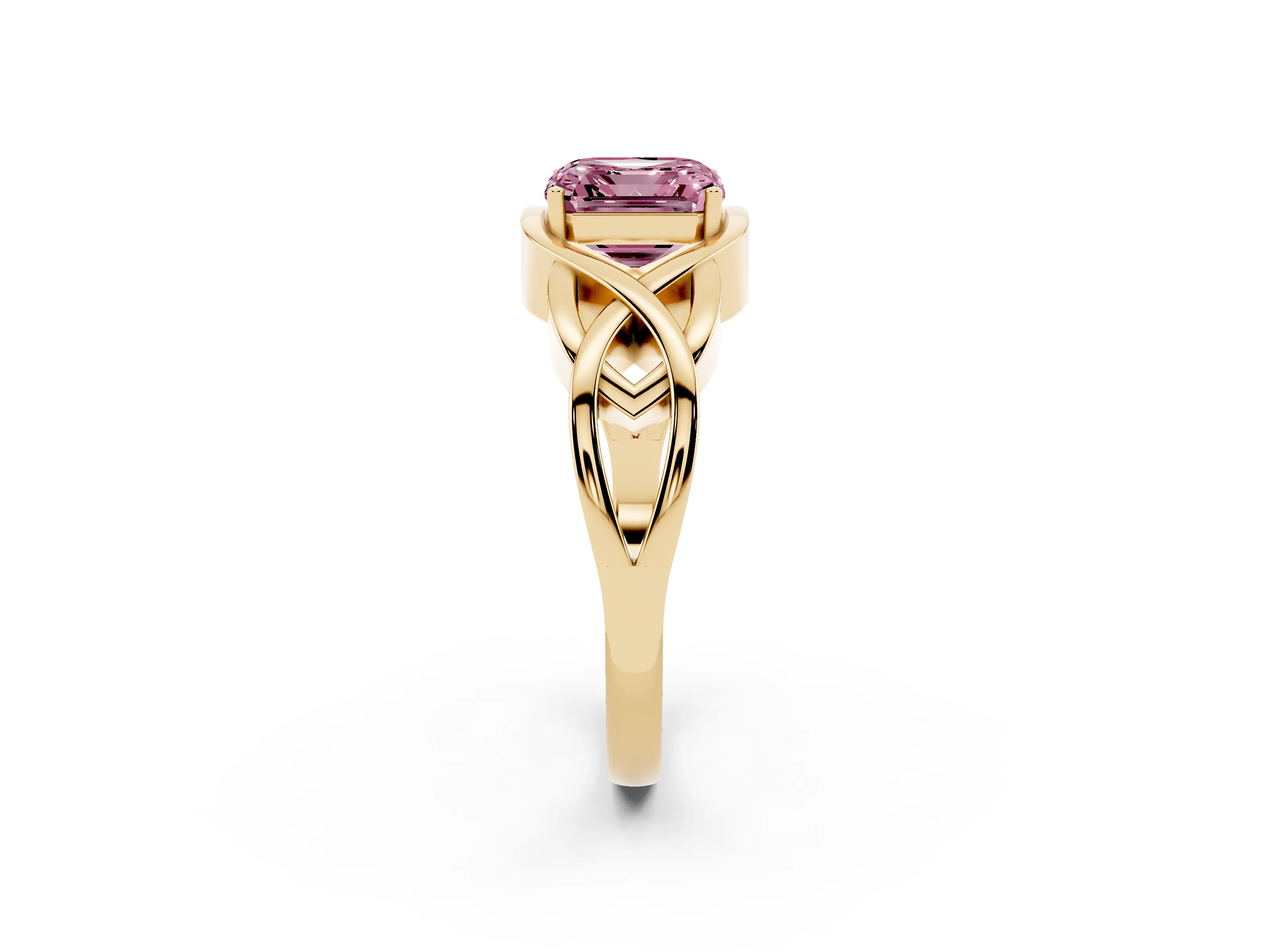 Fancy Pink Asscher Cut Diamond Solitaire Ring Set in Yellow gold with Intertwined Band