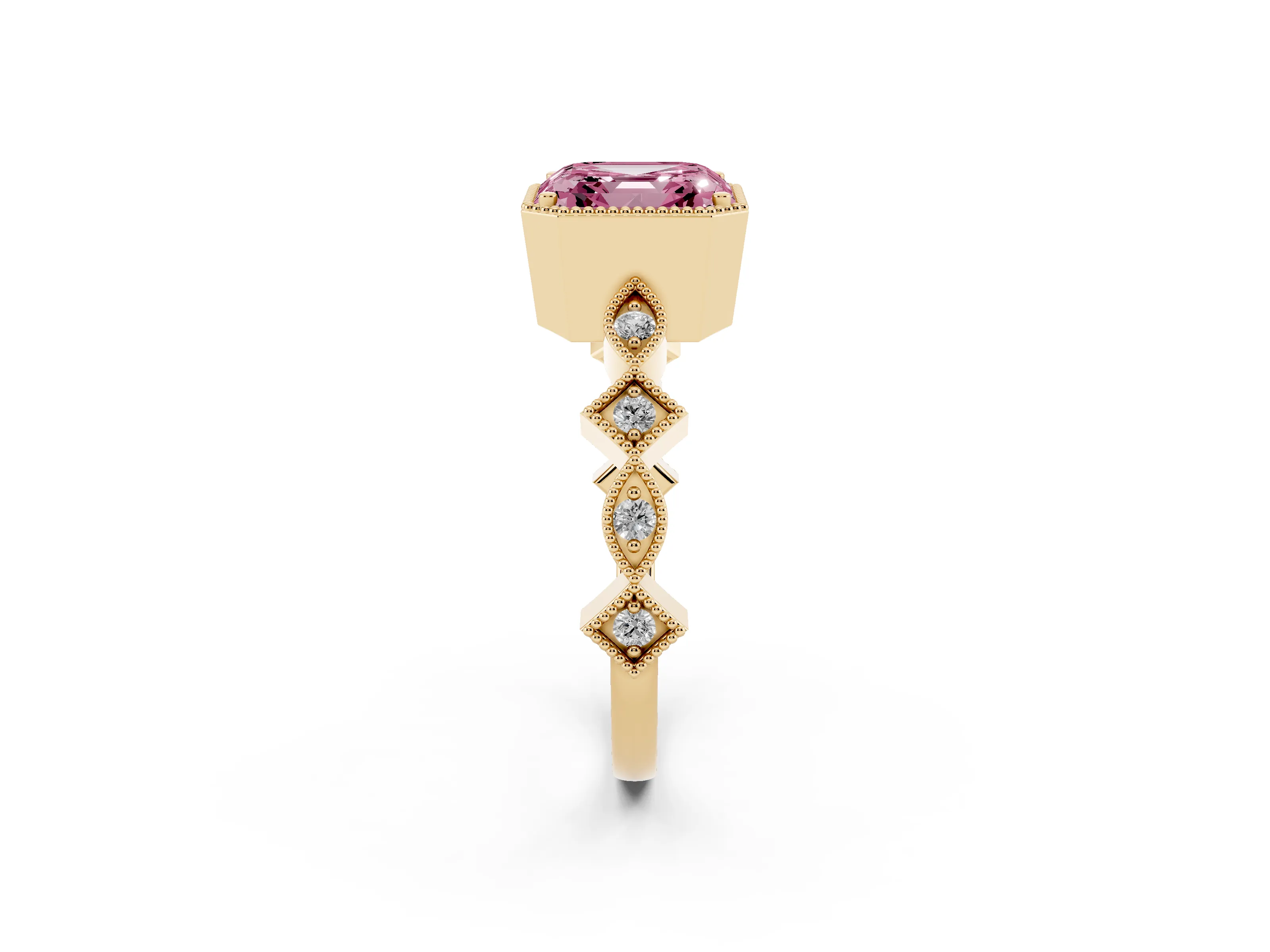 Fancy Pink Asscher Cut Diamond Milgrain Marquise Twist Band Ring Set in Yellow gold with Prong Setting