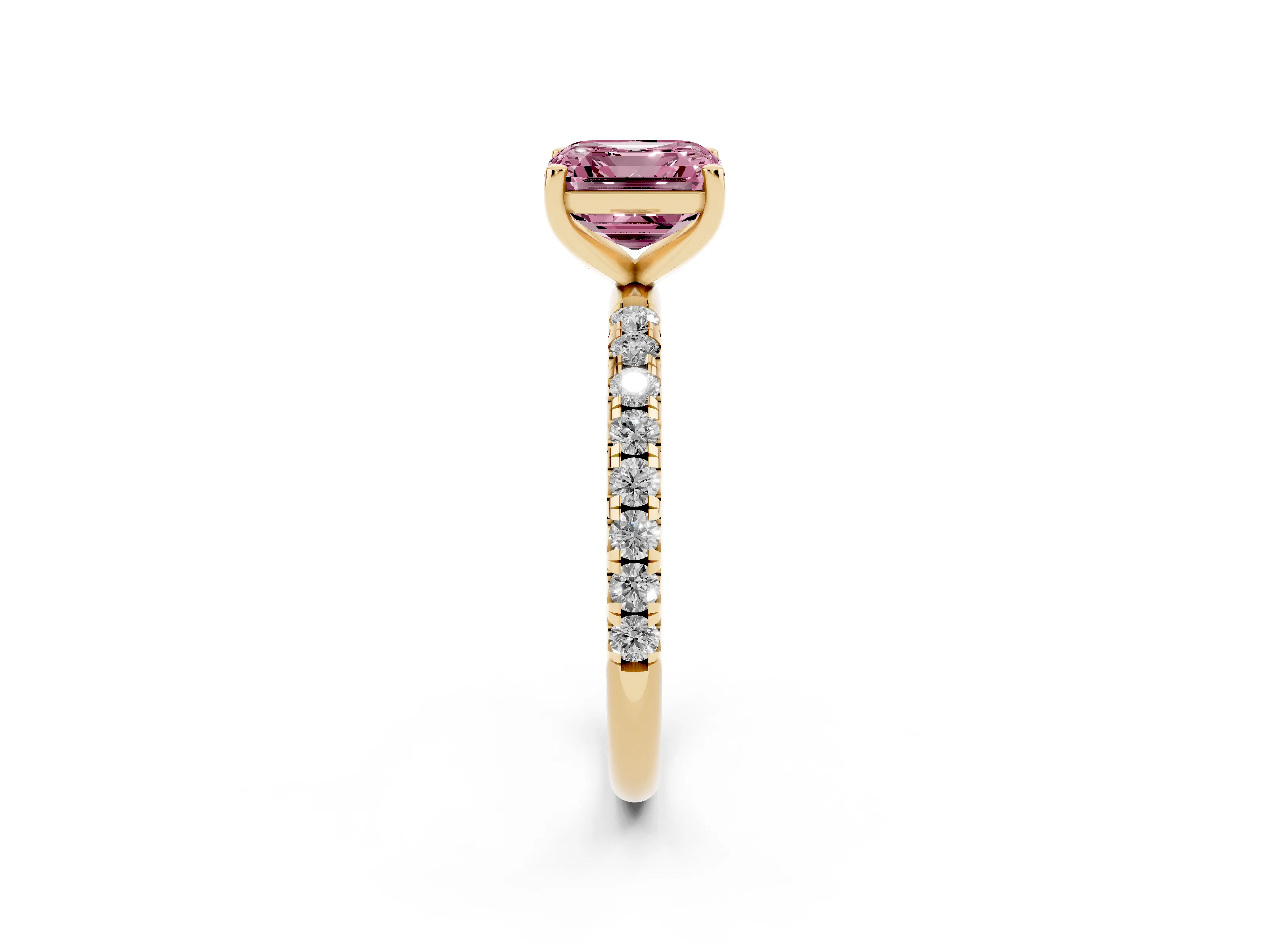 Fancy Pink Asscher Cut Diamond Solitaire Ring Set in Yellow gold with Micro Pavé Band and Prong Setting
